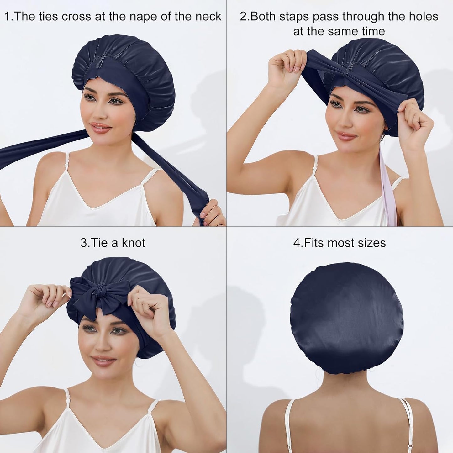 ZIMASILK 100% Mulberry Silk Bonnet for Sleeping Women Long Hair Double Layer Silk Hair Wrap with Tie Band Stay On Head (1Pc, Navy Blue)