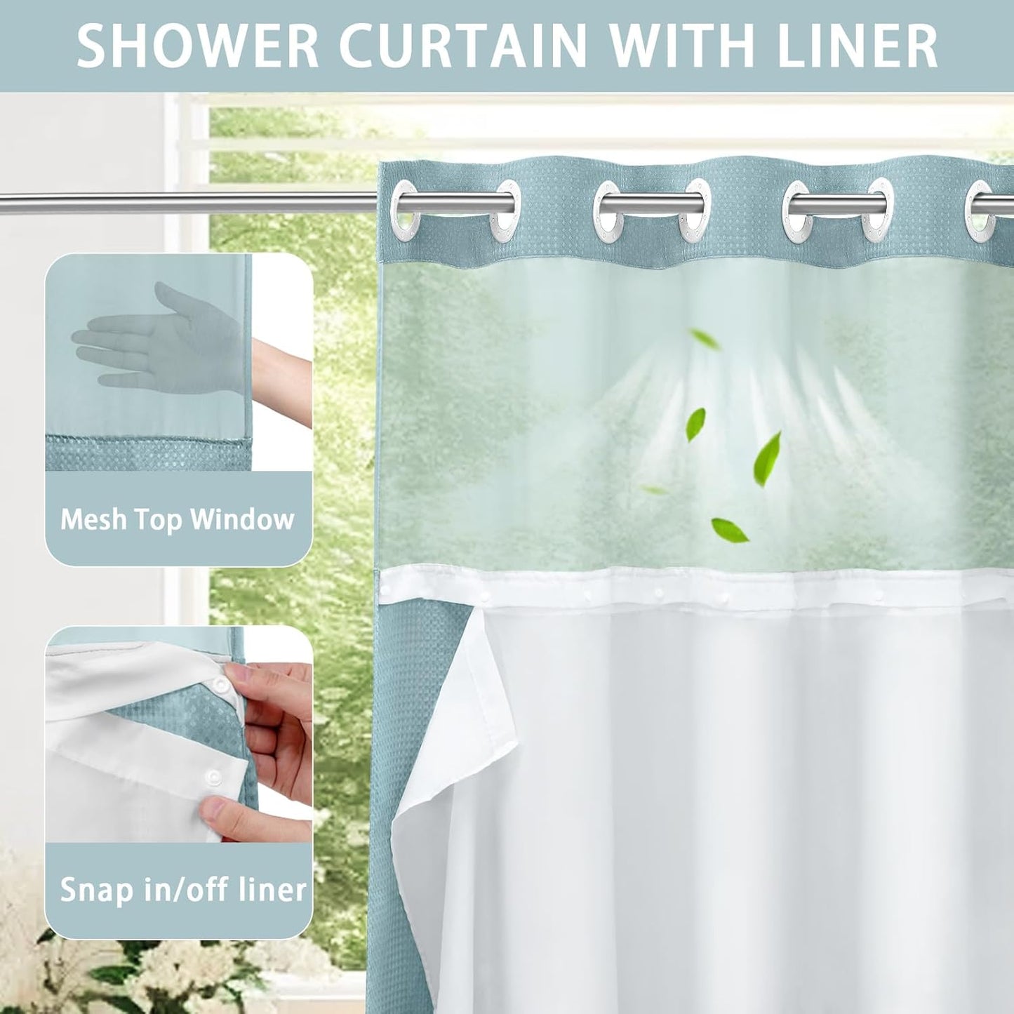YellyHommy No Hook Shower Curtain with Snap in Liner Set Less Waffle Shower Curtain for Bathroom (Cyan, 87" L x 72" W)