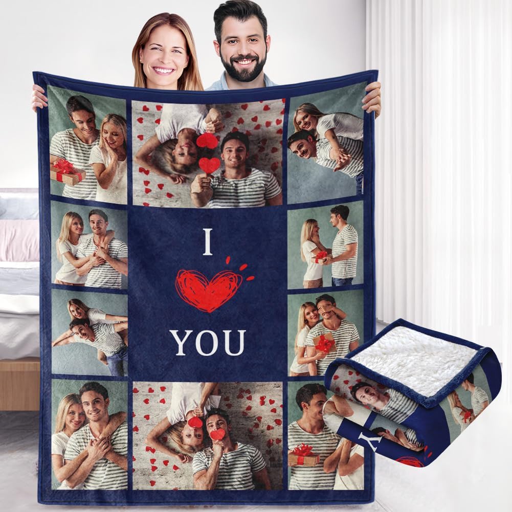 Custom Sherpa Fleece Blanket with Photos Text - Soft, Warm, Fuzzy Personalized Couples Gifts for Boyfriend, Girlfriend - Customized Picture Blanket for Birthday, Anniversary, Christmas