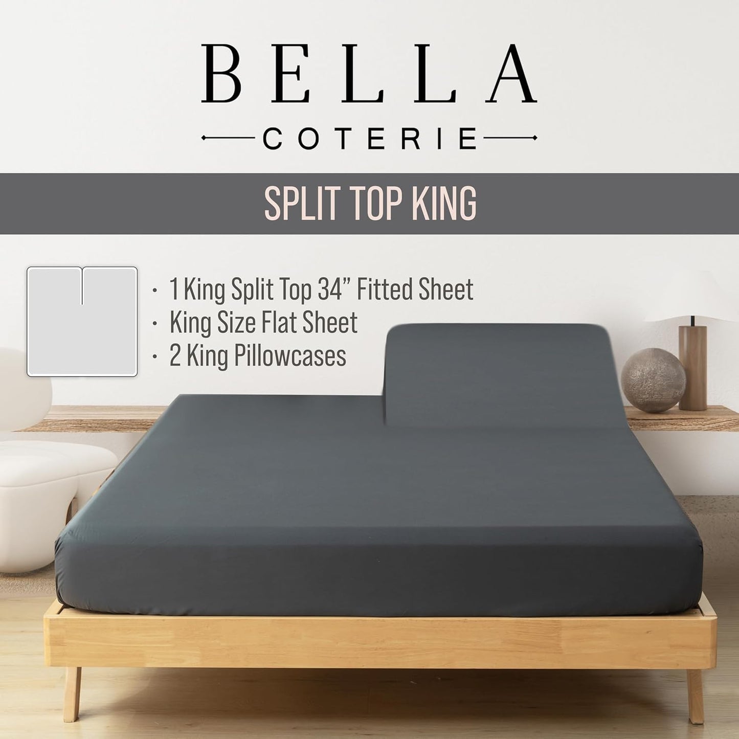 Bella Coterie Luxury Bamboo Viscose 34” Split Top King Size Sheet Set | 1 Fitted Sheet for Sleep Number & Adjustable Beds | 100% Organically Grown | Cooling & Soft | 18” Deep Pocket [Charcoal Grey]