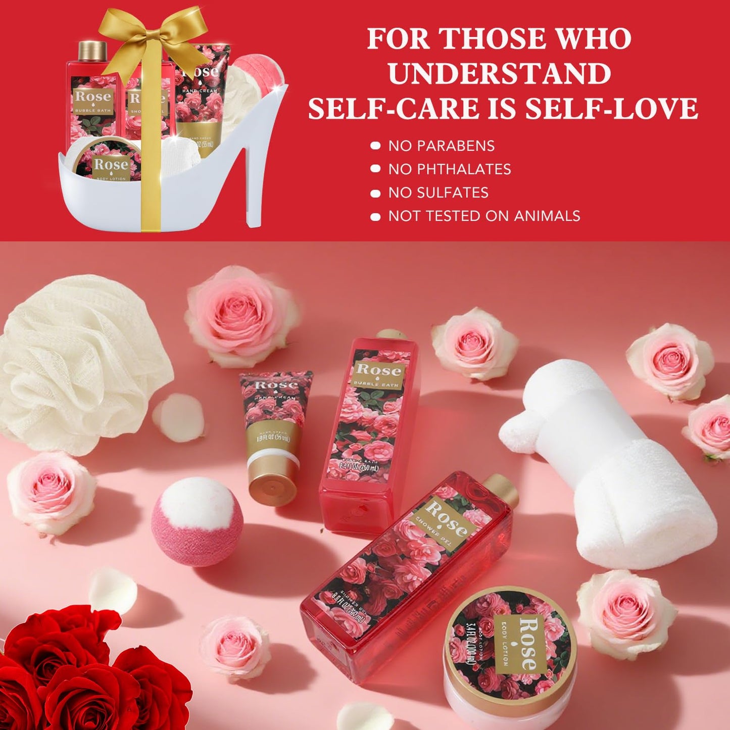 Romantic Rose Christmas Gifts for Women Spa Gift Basket, Bath Set with Bath Bombs & Body Lotion, Anniversary Valentine's Day Gifts for Her, Wife, Girlfriend