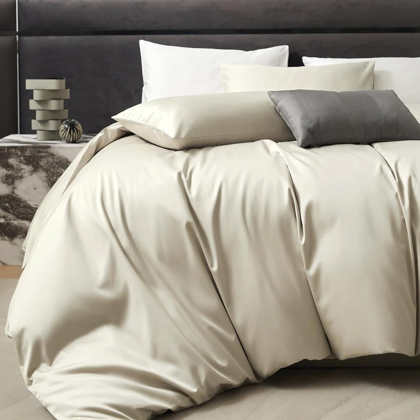 PURE ERA Duvet Cover Set 800 Thread Count Long Staple Cotton Sateen Silky Soft Luxurious Smooth 3 Piece Set Beige Queen