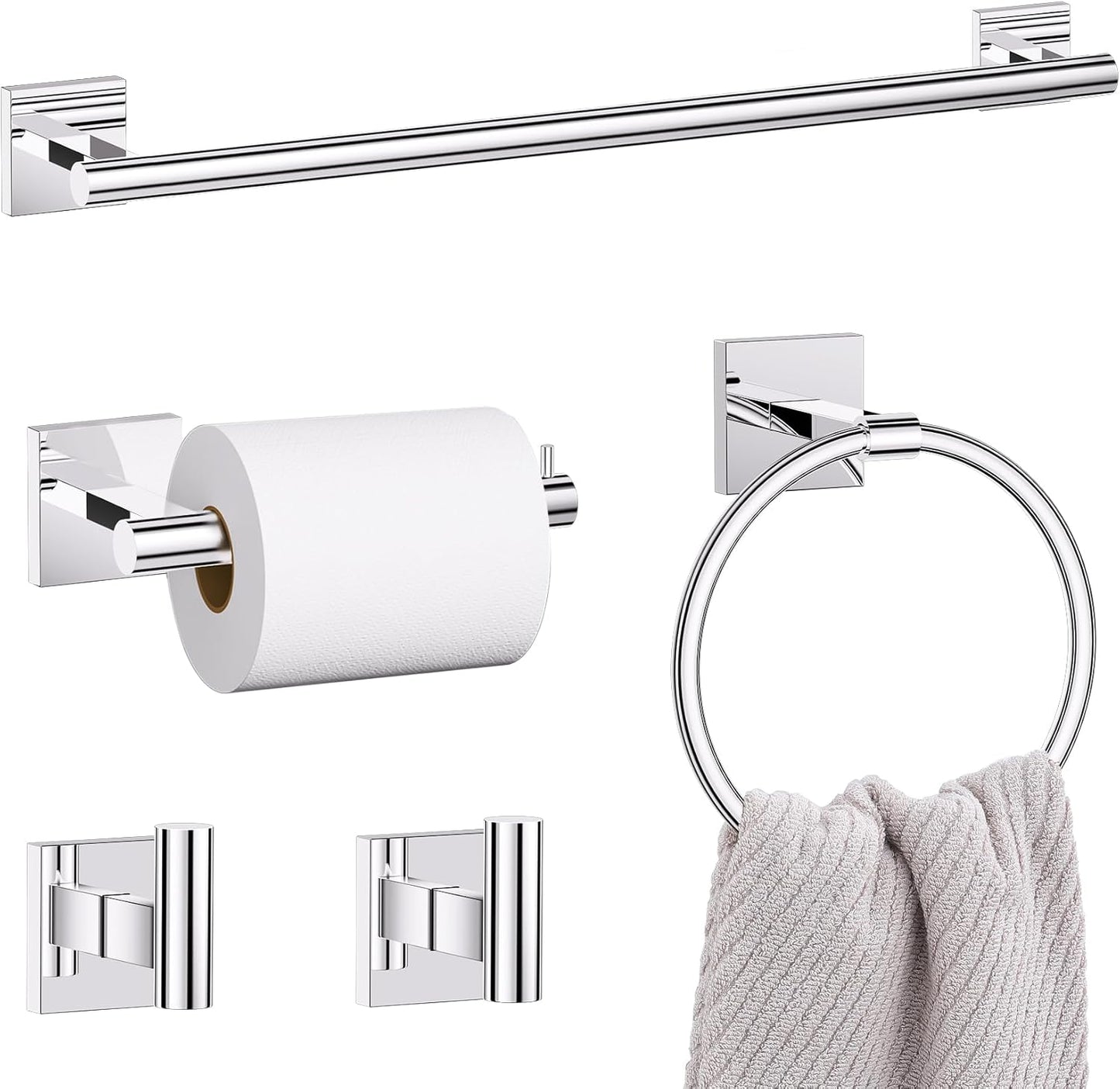 5 Pieces Bathroom Hardware Set Polished Chrome Towel Bar Set Includes 23.6” Towel Bar, Towel Ring Holder, Toilet Paper Holder and Two Towel Hooks, Bathroom Accessories Set SUS304 Wall Mounted