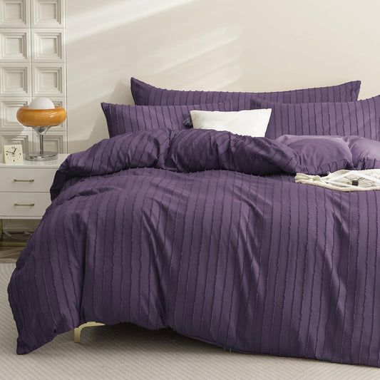 JELLYMONI Duvet Cover King Size Purple - 3PCS Boho Striped Duvet Cover Set Polyester Tufted Bohemian Textured Comforter Cover 104×90in with Corner Ties & Zipper and 2 Pillowcases