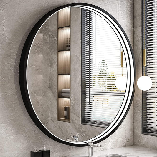 36" Round LED Bathroom Mirror, Dimmable Anti-Fog Vanity Mirror with Touch Control, 6000K Natural Light, Black Metal Frame, Wall Mounted for Makeup Shaving (IP54, 90+ CRI)