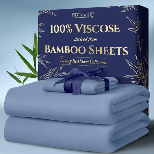 DECOLURE 100% Viscose Derived from Bamboo Sheets Twin Size 3pcs - Ultra Soft & Luxuriously Cooling, 17" Deep Pocket, Double Stitching, Perfect for Hot Sleepers - Twin Bed Sheets (Light Blue)
