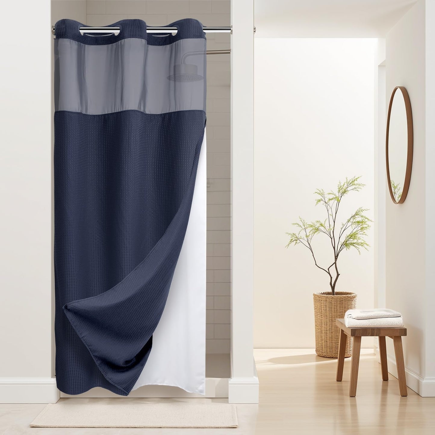 River Dream Stall Heavyweight No Hooks Required Dotted Waffle Weave Shower Curtain with Snap in Liner - 36W x 74H,Hotel Grade,Spa Like Bath Curtain,Navy