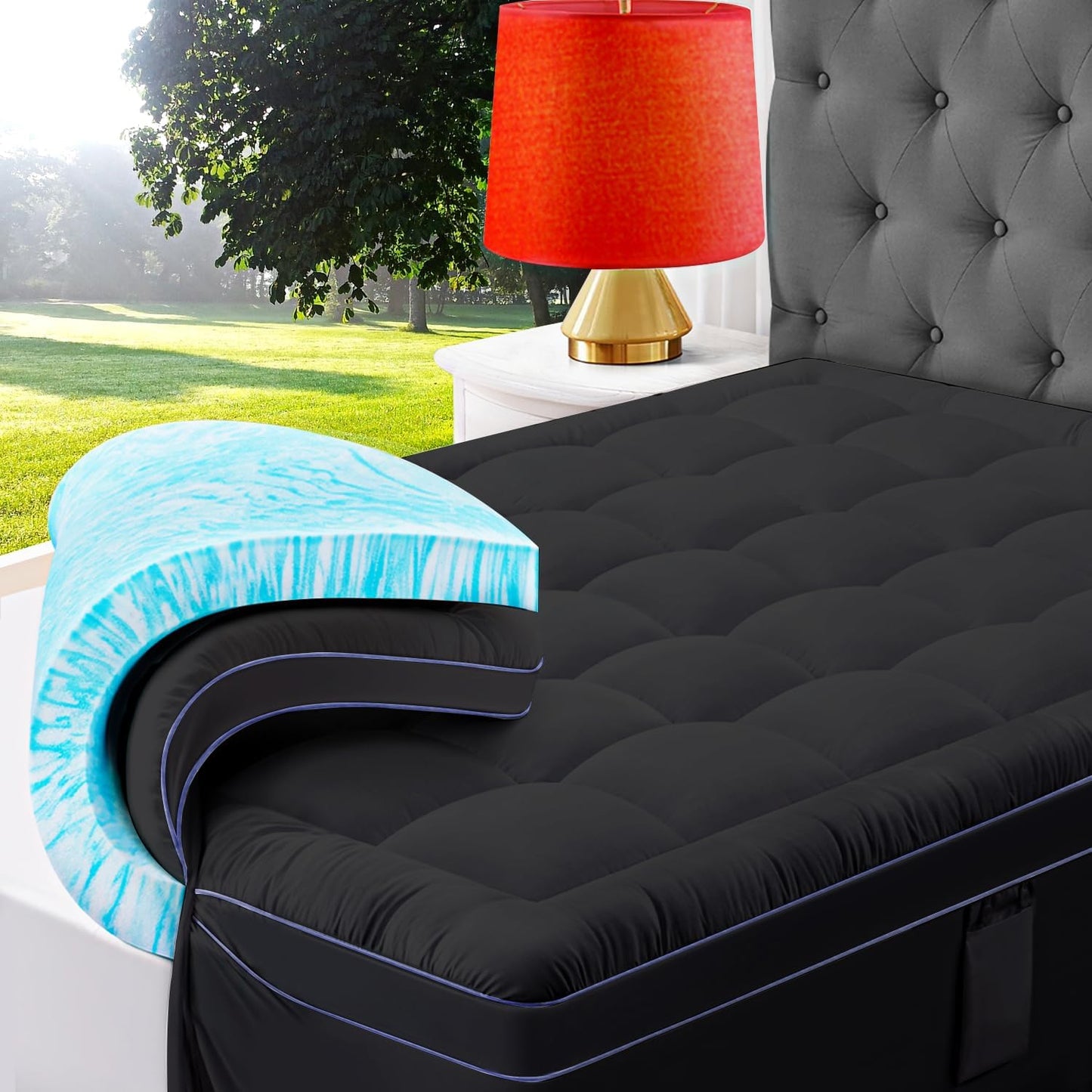 ABENE King Dual Layer 3 Inch Memory Foam Mattress Topper, 2 Inch Gel Memory Foam Plus 1 Inch Down Alternative Pillowtop Mattress Pad Cover, Soft Black Bed Topper Support for Pressure Relief