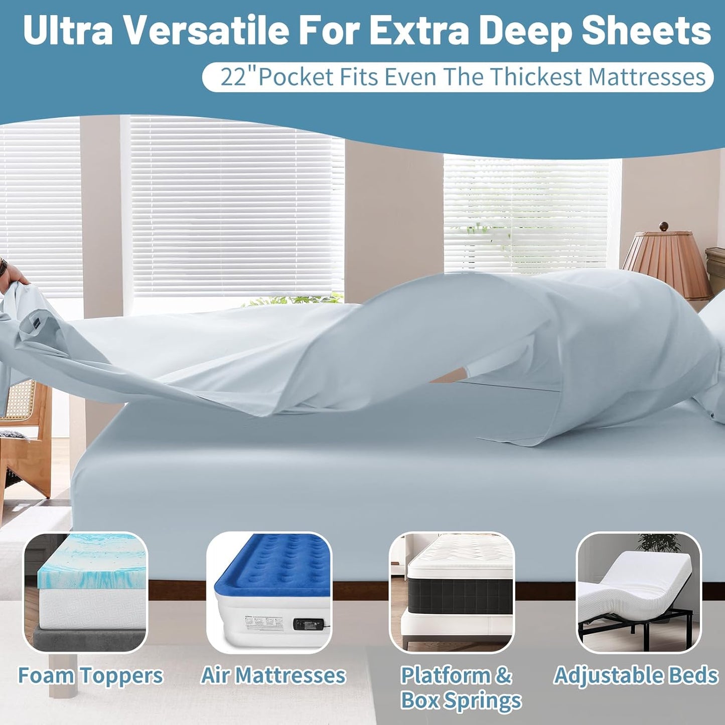 Extra Deep Pocket California King Sheets 18-24 Inch 1000 Thread Count 100% Egyptian Cotton Sateen Weave Soft Breathable 4 Pieces（California King,Light Blue）