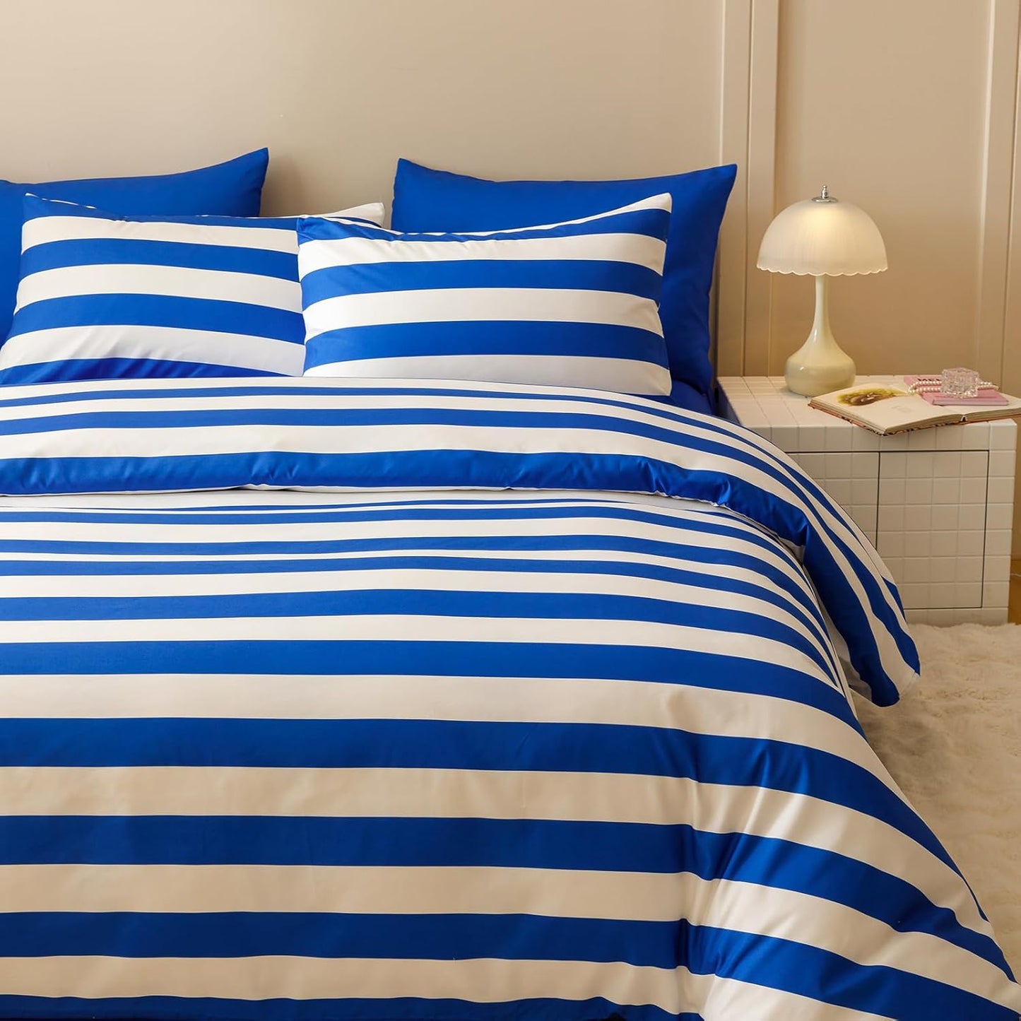 KAREVER Royal Blue White Stripes Comforter Set Full Size Royal Blue White Stripes Bedding Set 3 PCs Comforter Set Full Size Fluffy Linen Comforter Sets