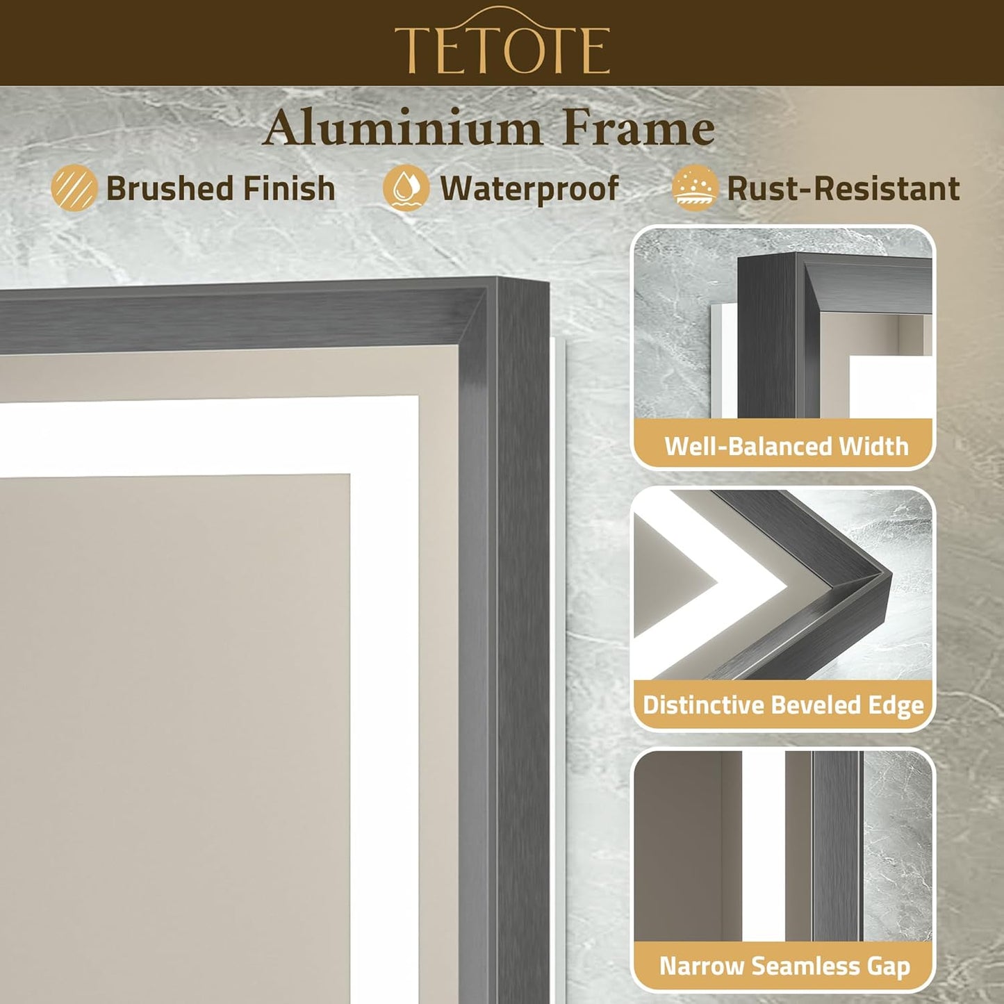 TETOTE 48 x 36 Bathroom LED Mirror Brushed Gunmetal Gray Frame Frontlit & Backlit Vanity Mirror Anti-Fog Stepless Dimmable 3 Colors White/Warm/Natural Wall-Mounted