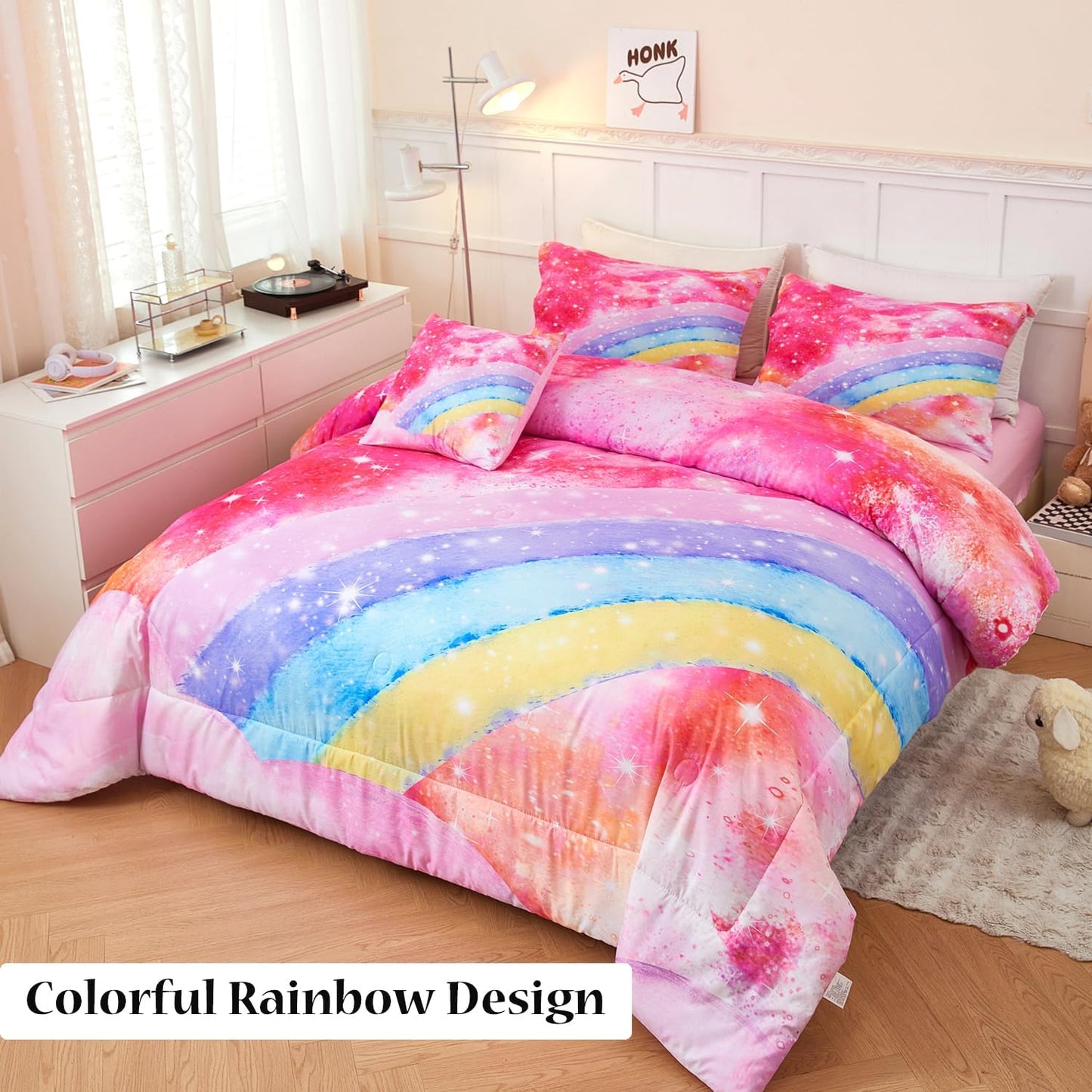 ANGIYUIN 6 Pieces Pink Tie Dye Full Size Bedding Sets for Girls/Teens/Kids, Colorful Rainbow Girls Comforter Set, Sparkle Galaxy Glitter Bedding Comforter Set for All Season