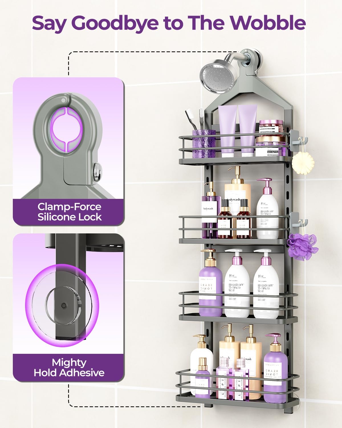 ODesign 4 Tier Height-Adjustable Shower Caddy Hanging Anti-Swing-Over The Shower Head Caddy-Showers Storage Organizer Bathroom Shelves Basket Showers Caddies-Grey