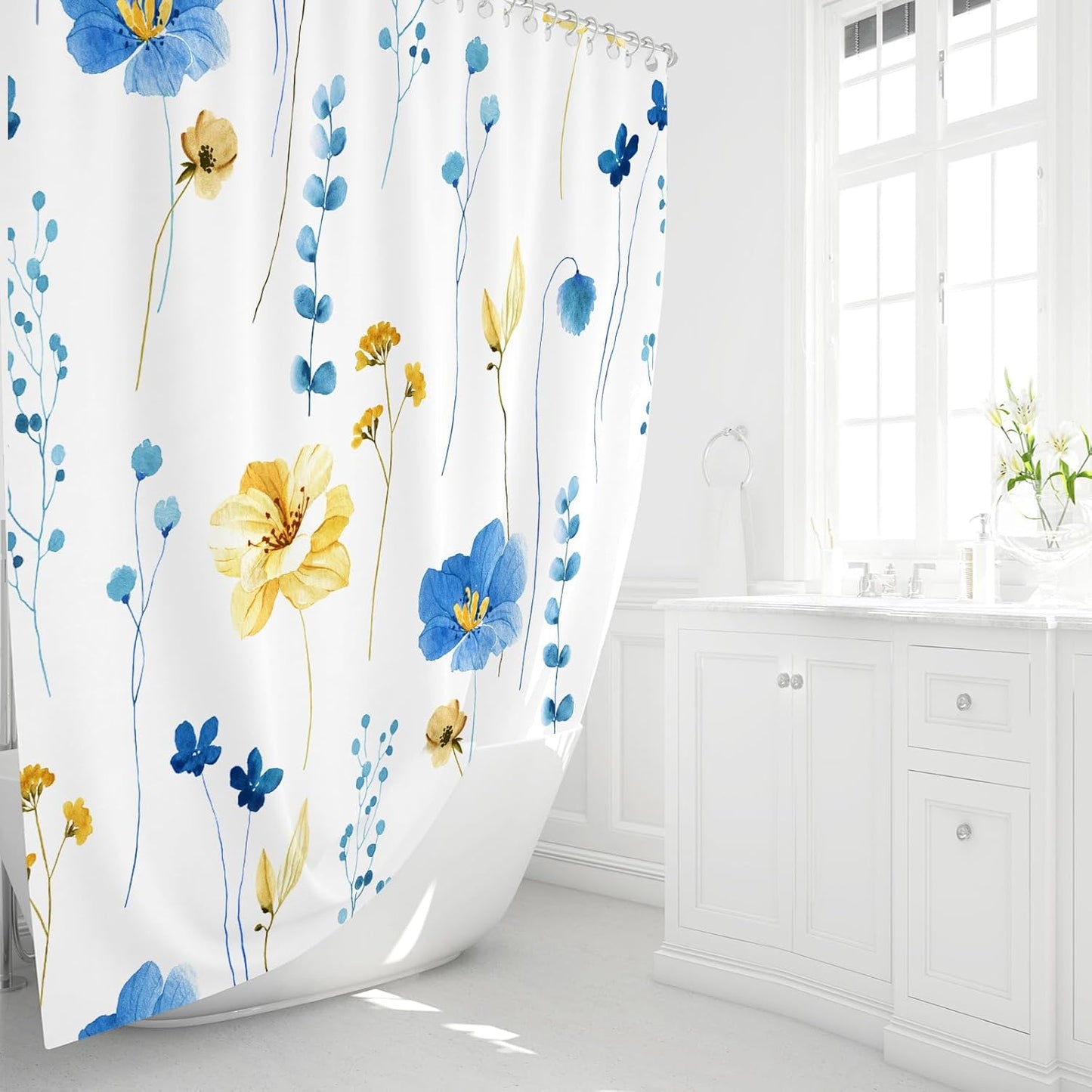 Gibelle Watercolor Floral Shower Curtain, Blue Yellow Flower Shower Curtain for Bathroom, Modern Minimalist Waterproof Fabric Shower Curtain Set with Hooks 72x72 Inch