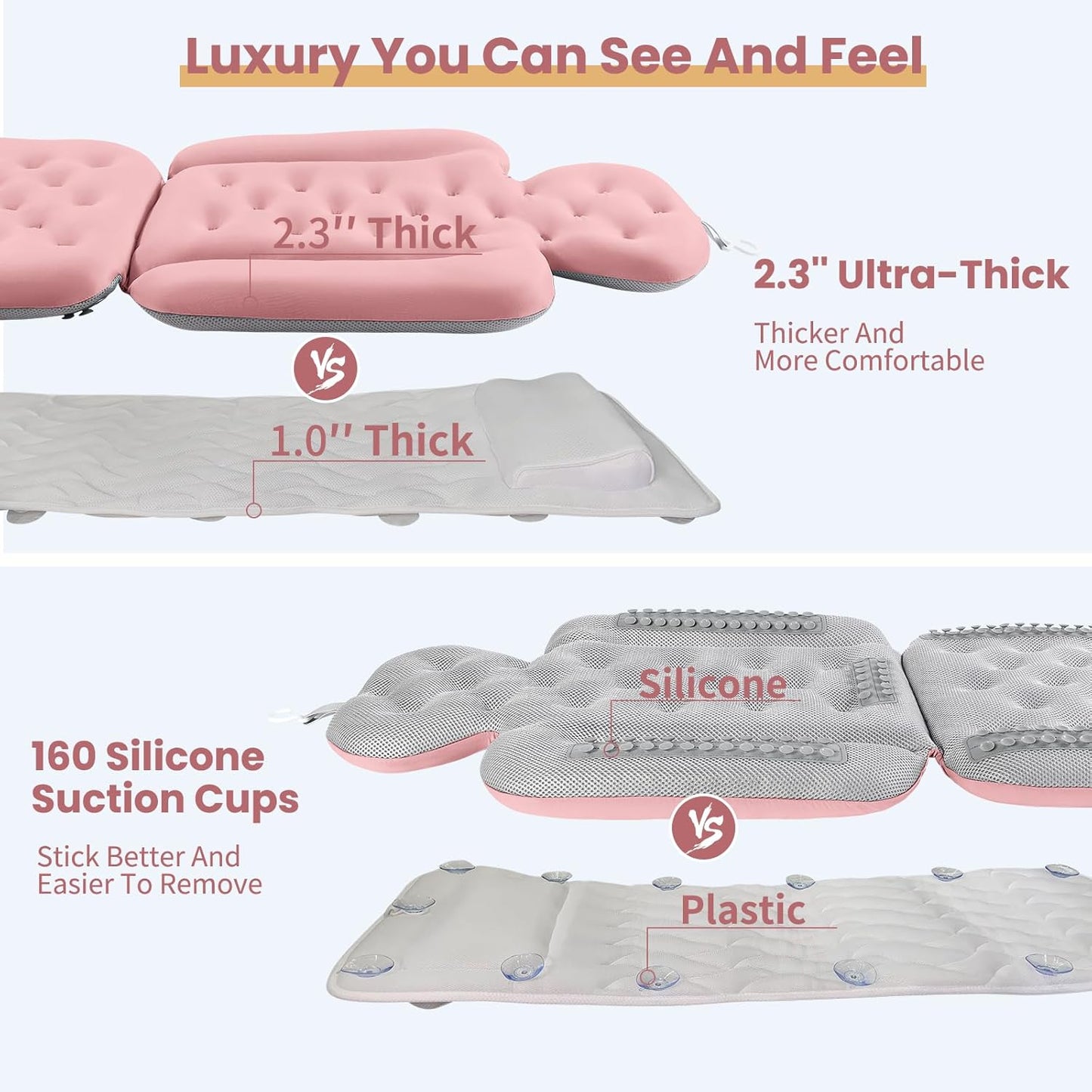 Bath Cushion, Full Body Bathtub Pillow with 160 Suction Cups, Bath Mat for Head and Neck Support, with Laundry Bag (Light Pink, 56.2" x 16.2")