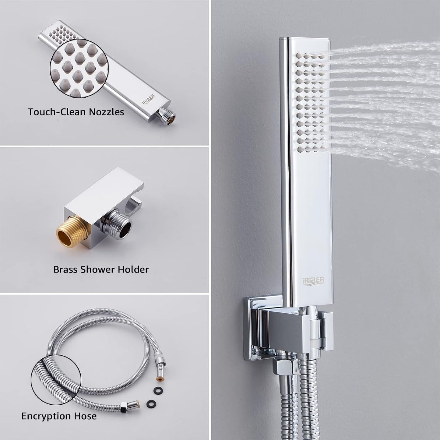 Iriber 12 Inch Bathroom Shower System Polish Chrome Wall Mounted Square Mixer Shower Faucet Combo Set with Hand Held Rough-in Valve Rainfall Shower and Trim