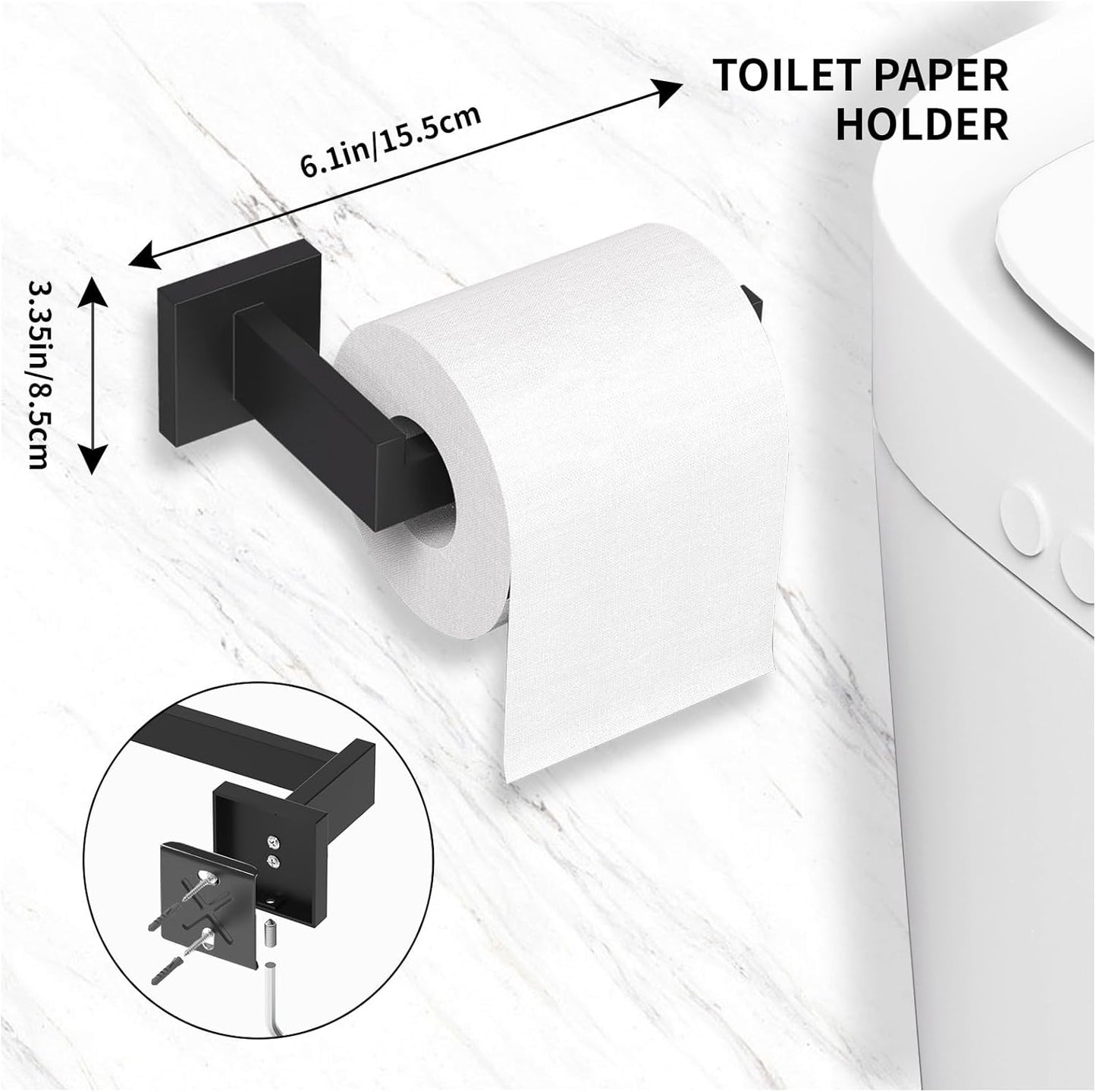 Bathroom Accessory Towel Bar Set: 5 Pieces Matte Black Bathroom Hardware Square SUS304 Stainless Steel - Wall Mounted Towel Rack&Toilet Paper Holder&Towel Ring and Robe Hooks.