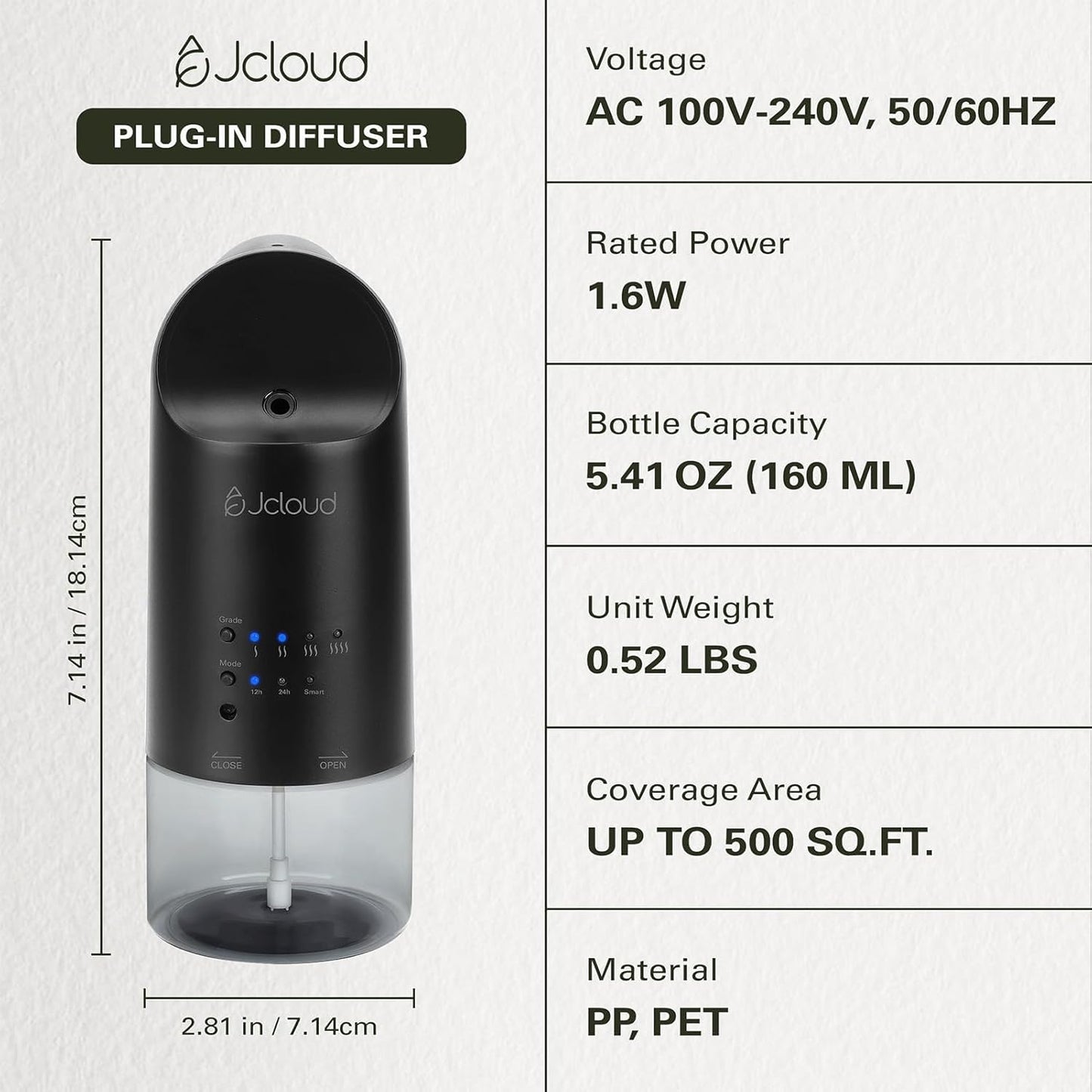 JCLOUD 2025 Plug in Diffuser | Cover Up to 500 Sq. Ft. for Home, Office, Spa – Portable Smart Wall Diffuser 160ML, Black with Royal Serenity Essential Oil Inspired by Luxury Hotel - 140mL
