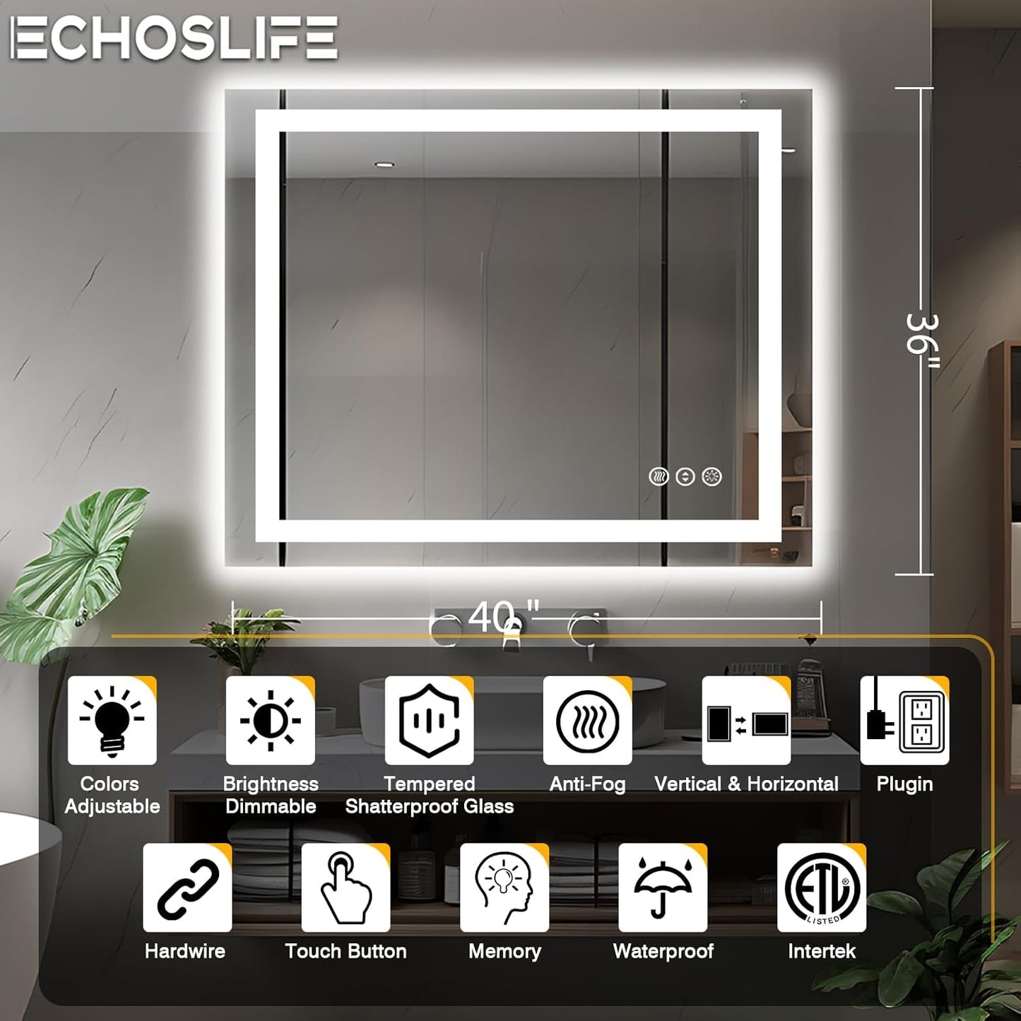 40"x36" LED Bathroom Vanity Mirrors with Front Light and Backlit, Anti-Fog Vanity Mirror with Lights, Stepless Dimmable Lighted Mirror, 3 Colors Smart Mirror (Horizontal/Vertical)