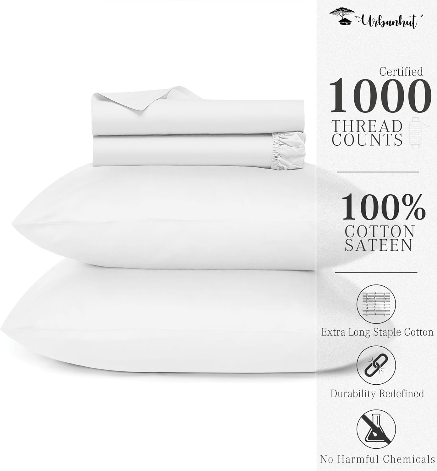 URBANHUT 1000 Thread Count Queen Sheet Set, Egyptian Cotton Sheets Queen Size, Hotel-Style Luxury Bedsheets, Fits up to 16" Deep Pocket Mattress, 4 Pc Soft & Breathable, Sateen Weave - White