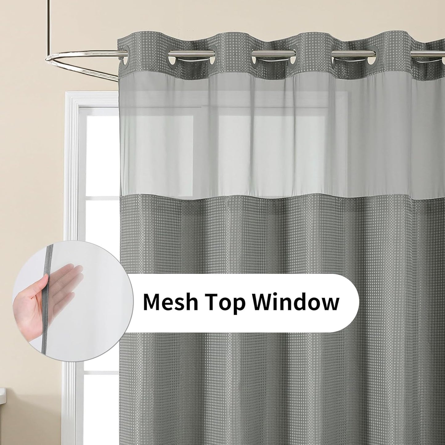 Colorful Star No Hook Shower Curtain with Snap in Fabric Liner, Waffle Weave Heavy Duty Thick Shower Curtains with Mesh Top Window, Hotel Style Waterproof Bathroom Curtain Set, 72 x 87 Inch, Grey