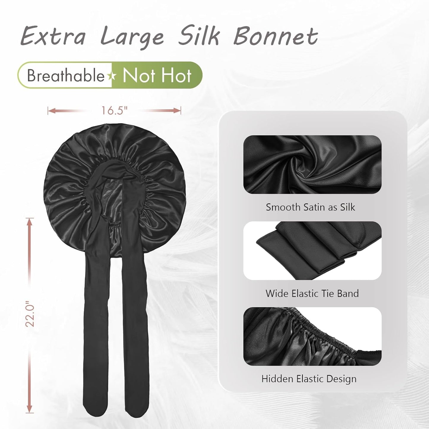 BONNET QUEEN Silk Bonnet for Sleeping Satin Bonnet Hair Bonnets Large Bonnets Hair Wrap Sleep Cap with Tie Band for Women Curly Hair Braids Locs Black