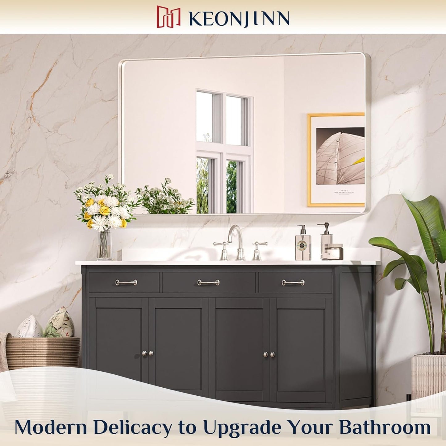 Keonjinn 48 x 30 Brushed Nickel Bathroom Mirrors for Over Sink, Large Rounded Rectangle Bathroom Vanity Mirror, Modern Decorative Silver Mirror, HD Tempered Glass Wall Mirror(Horizontal/Vertical)