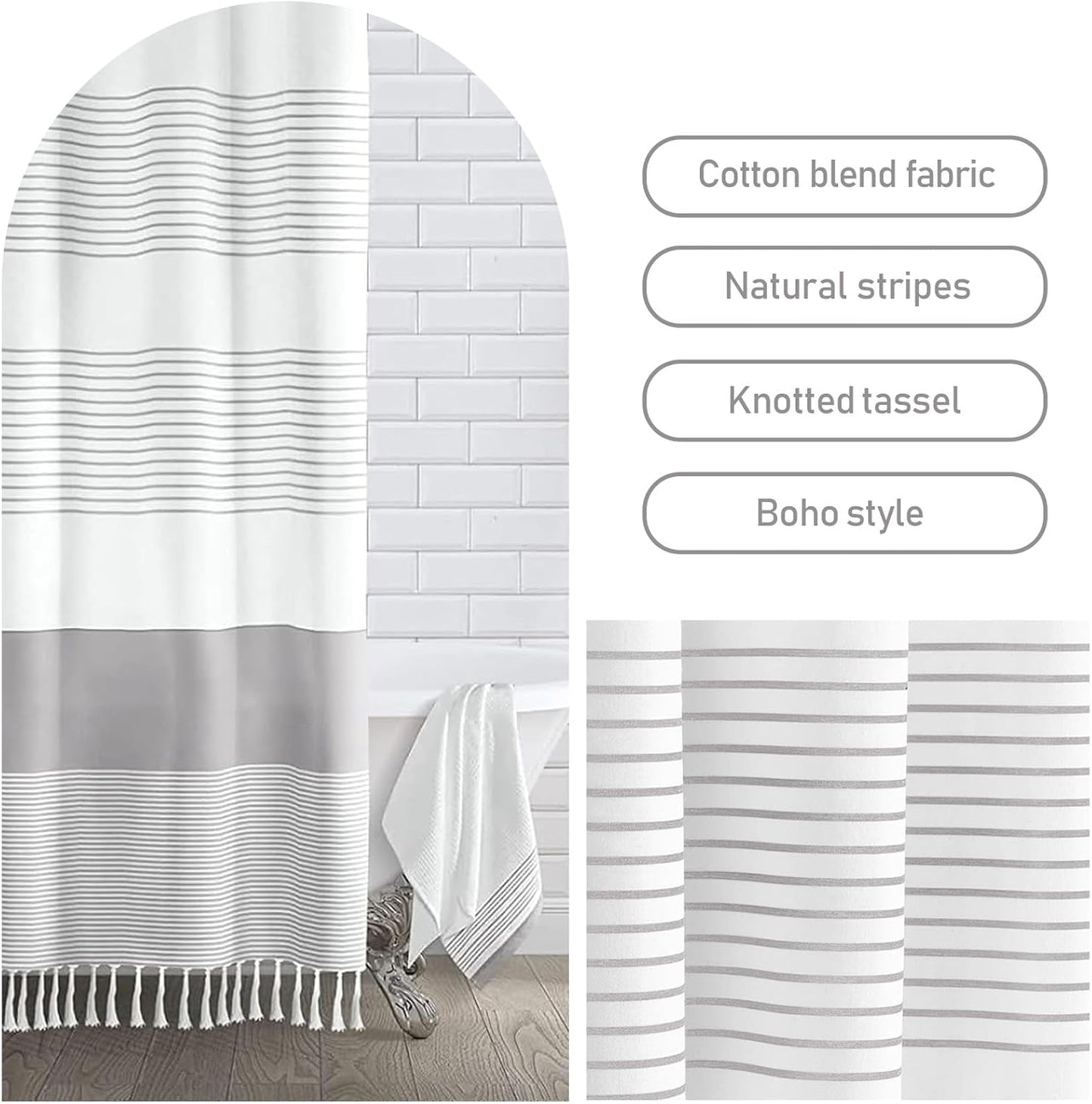Awellife Boho Gray Shower Curtain for Bathroom Stripe Tassel Shower Curtain 72 X 72 Inches Farmhouse Cotton Grey