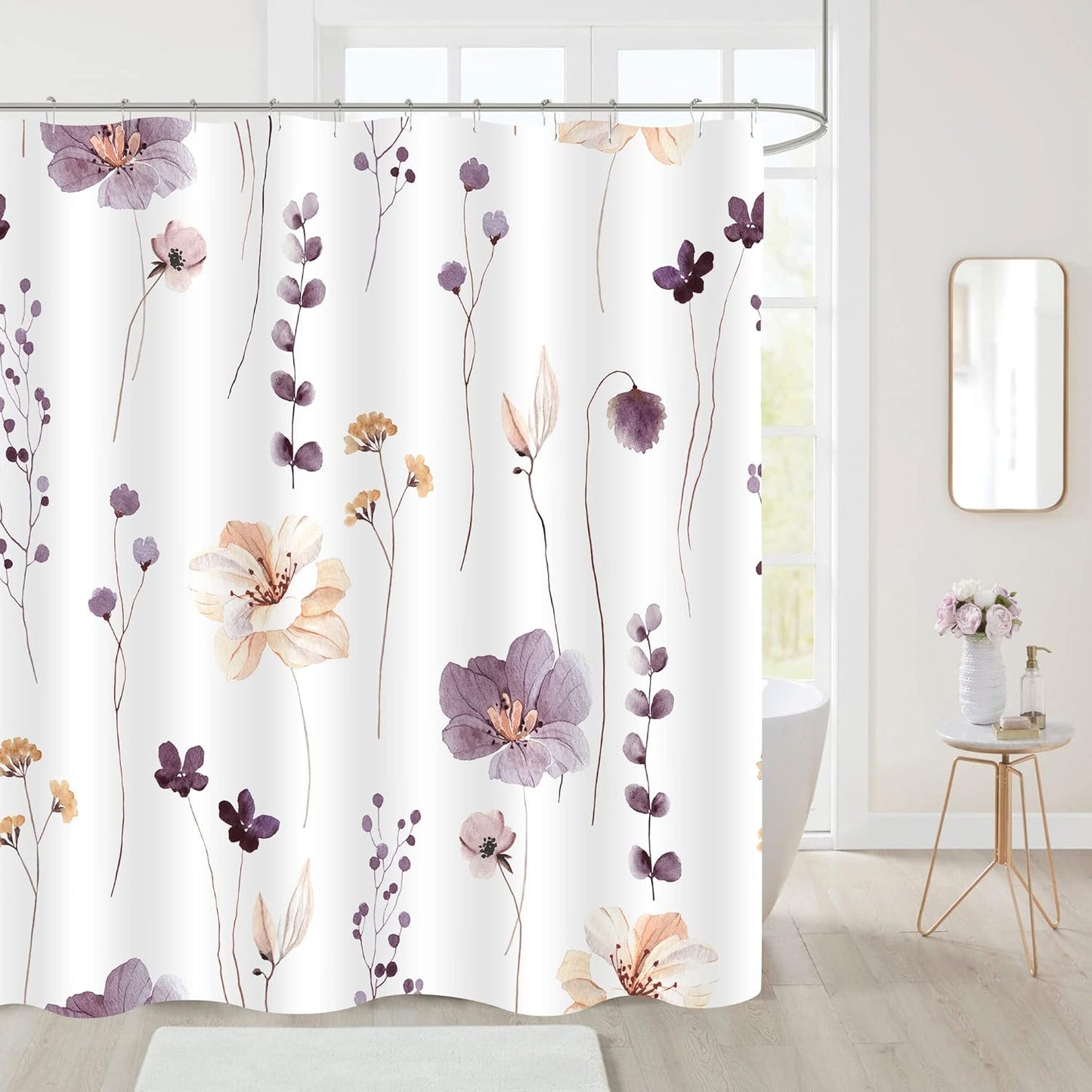 Gibelle Watercolor Floral Shower Curtain, Plum Beige Flower Shower Curtain for Bathroom, Modern Minimalist White Waterproof Fabric Shower Curtain Set with Hooks 72x72 Inch