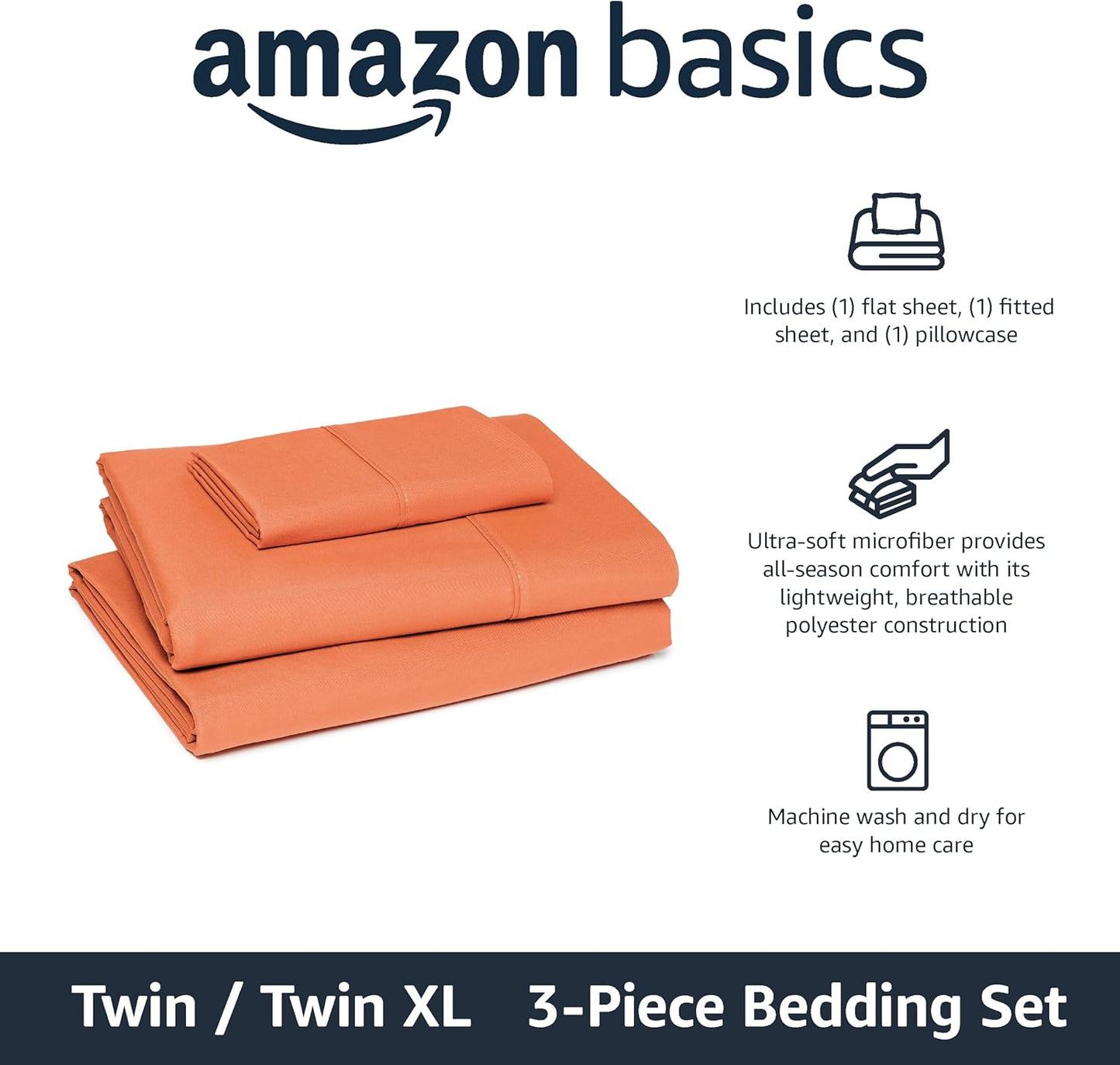 Amazon Basics Lightweight Microfiber 3-Piece Bed Sheet Set, Brick, Solid, Twin XL