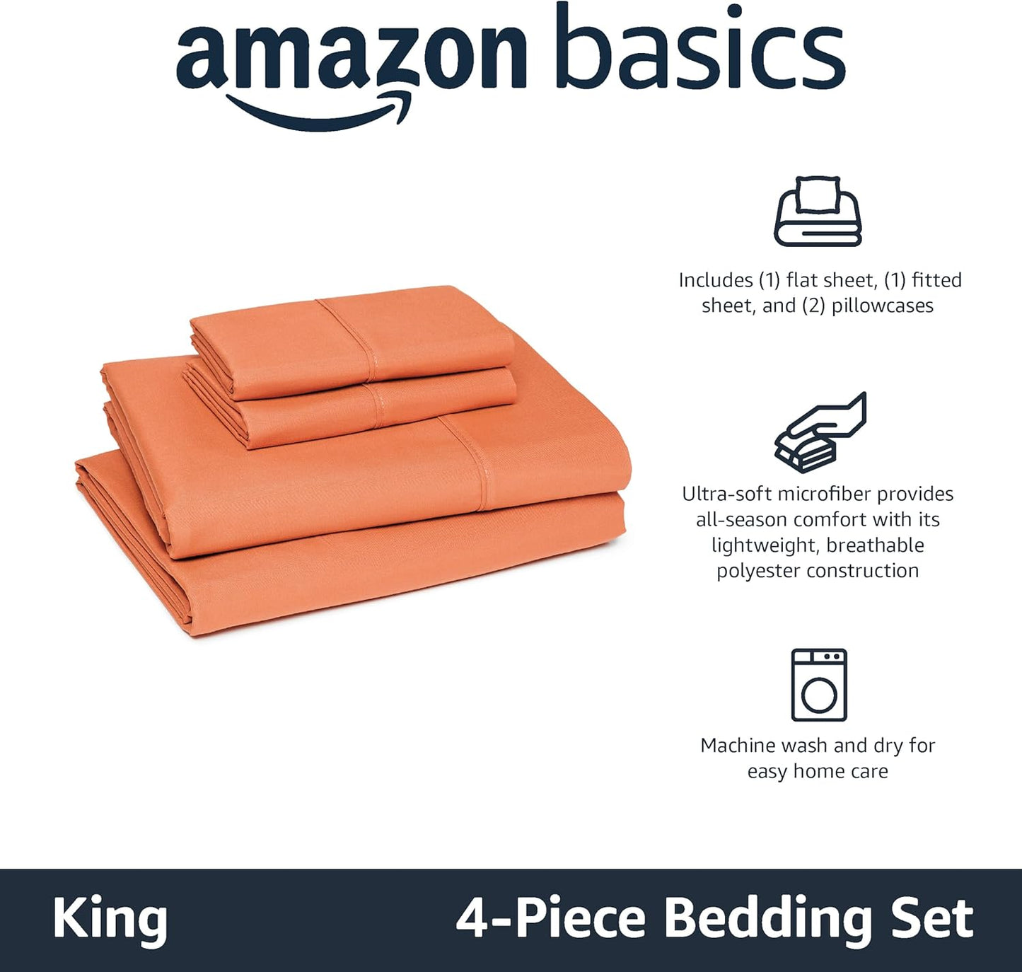 Amazon Basics Lightweight Microfiber 4-Piece Bed Sheet Set, Brick, Solid, King