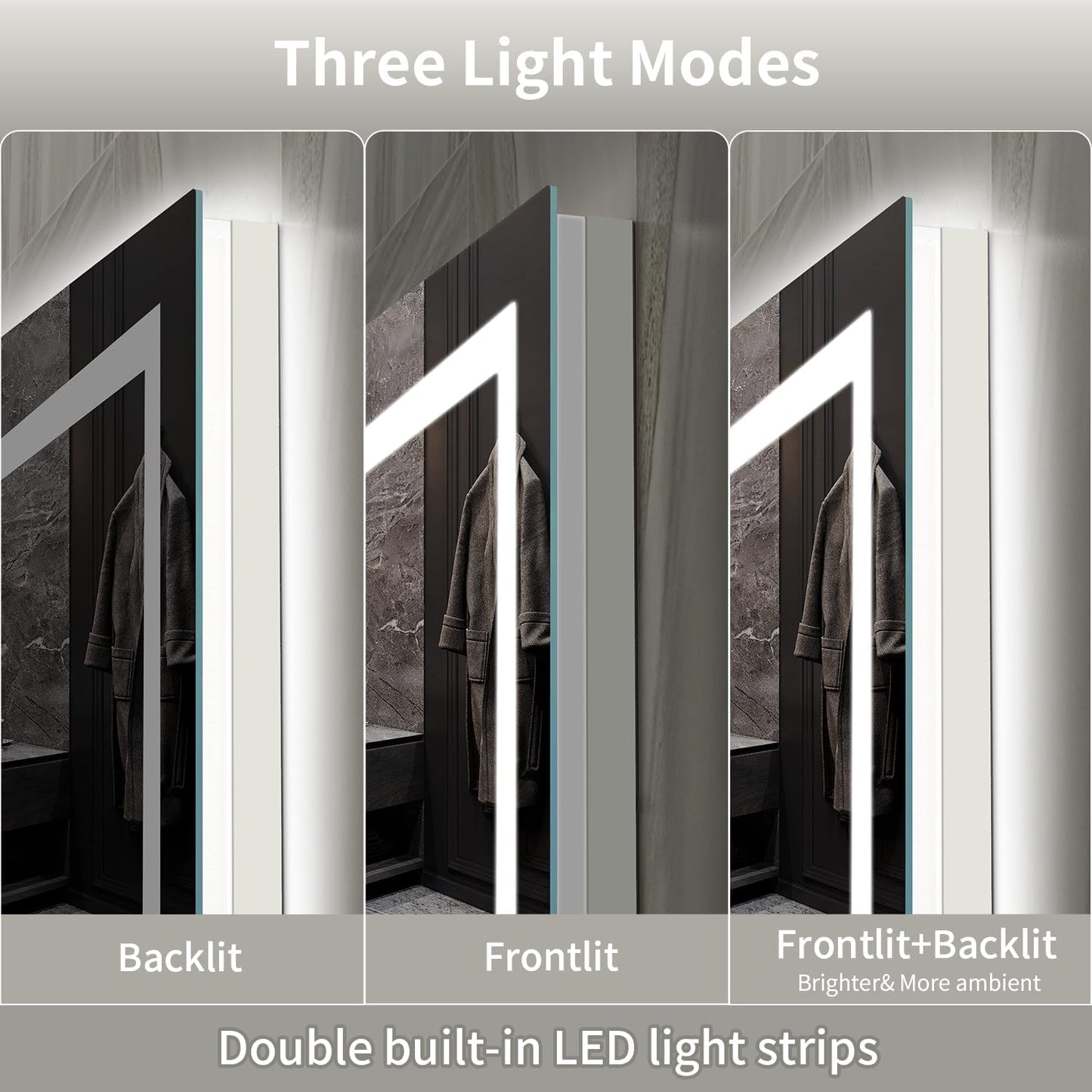 LED Mirror for Bathroom, 66x36 Inch Backlit + Front Lighted Bathroom Vanity Mirror with Lights for Wall, Double Light Strips, 3 Colors, Shatter-Proof, Anti-Fog and Brightness Memory