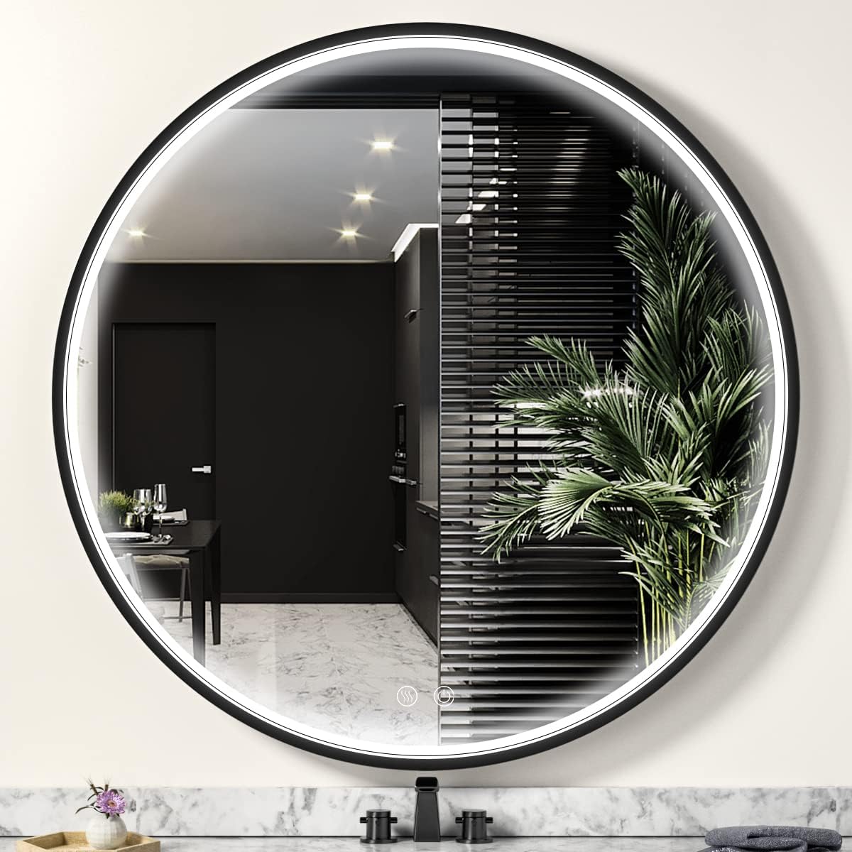 40" Round LED Bathroom Mirror, Dimmable Anti-Fog Vanity Mirror with Touch Control, 6000K Natural Light, Black Metal Frame, Wall Mounted for Makeup Shaving (IP54, 90+ CRI)