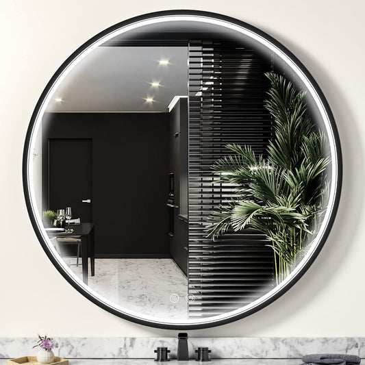40" Round LED Bathroom Mirror, Dimmable Anti-Fog Vanity Mirror with Touch Control, 6000K Natural Light, Black Metal Frame, Wall Mounted for Makeup Shaving (IP54, 90+ CRI)