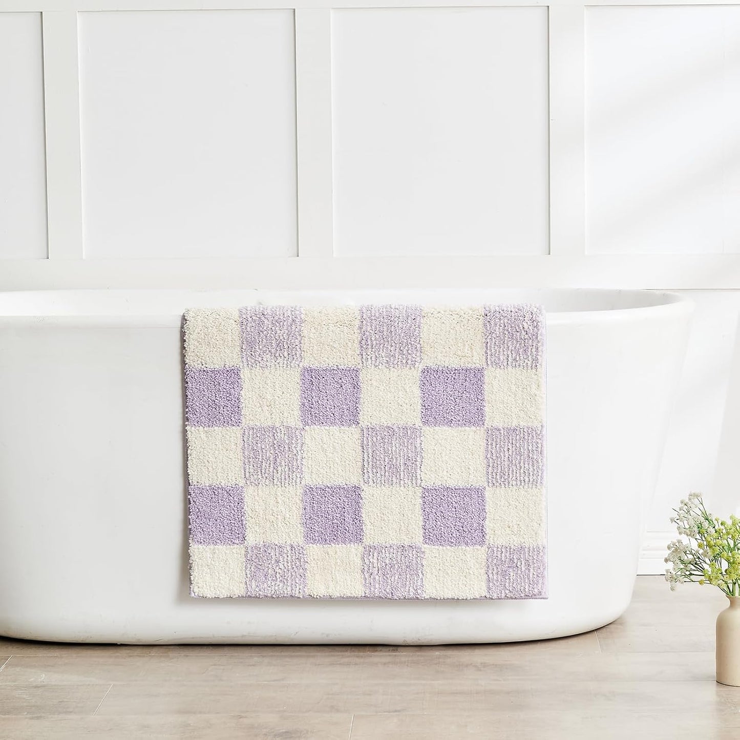 CozeCube Bath mats for Bathroom Non Slip, Fluffy Absorbent Microfiber Bath mat Washable, Aesthetic Bathroom Rugs, Large Purple Checkered Bath mat, Lavender, 36" x 24"