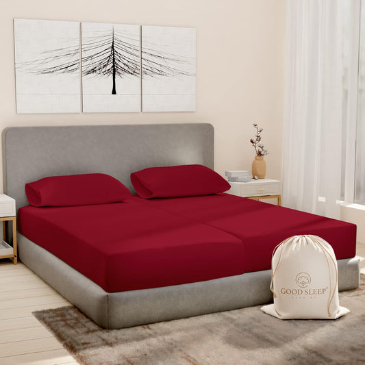 Good Sleep Bedding Split King Sheets Sets for Adjustable Bed Cotton, Egyptian Cotton Sheets, 5 Piece Cotton Split King Sheet Set, Sateen Sheets, 2 Fitted - 16" Deep Pocket, Burgundy