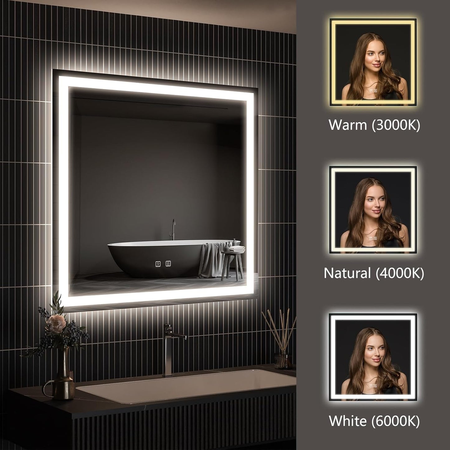APRILSOUL 36x36 Inch LED Bathroom Mirror with Front and Backlit, Makeup Mirror with 3 Color Lights, Memory Function, Anti-Fog and Dimmable Light (Horizontal)