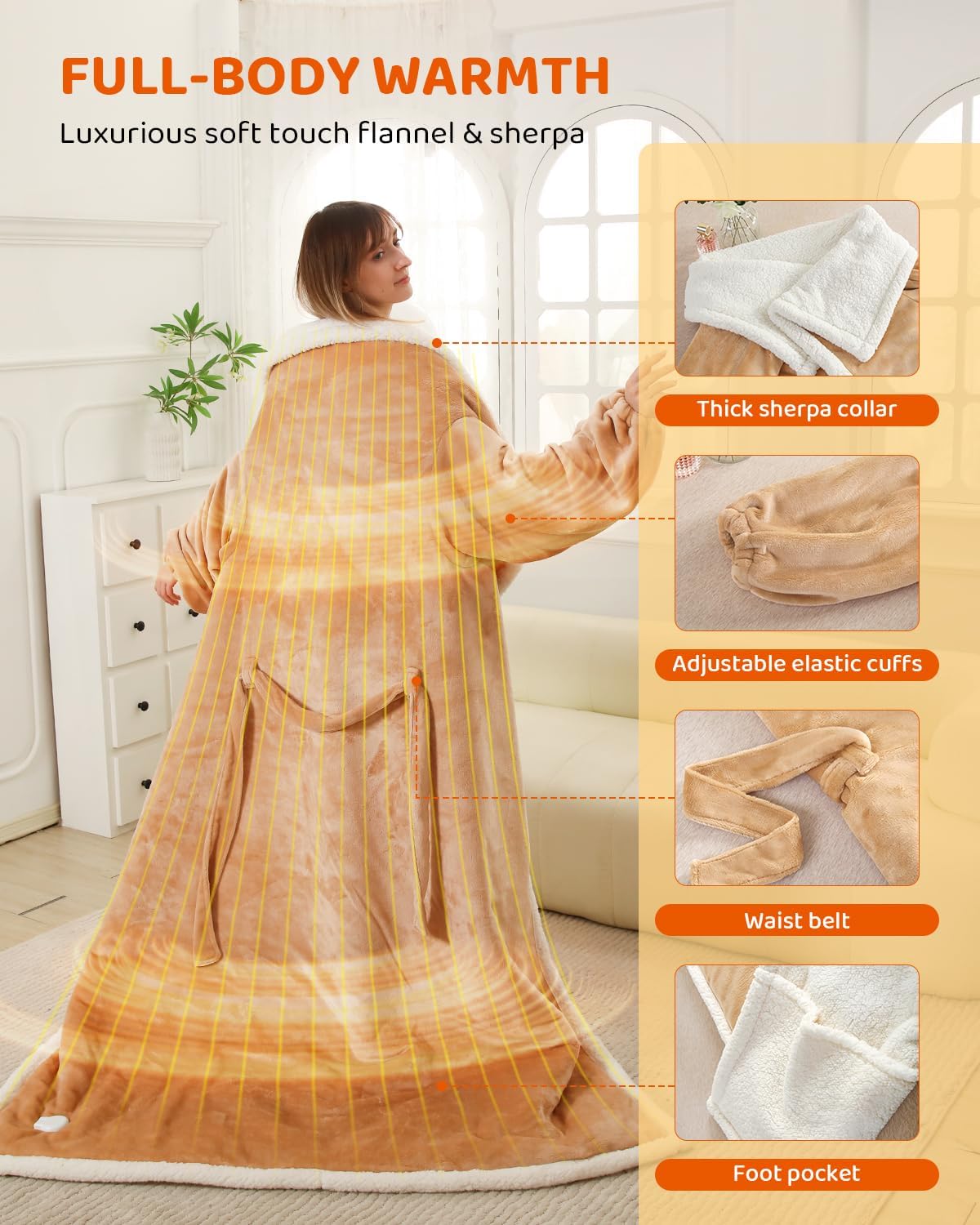 Electric Heated Blanket Throw Size with Foot Pockets & Sleeves, Soft Cozy Flannel Heating Blanket with 9 Heating Levels & 1-9 Hours Auto Off, Fast Heat & Overheat Protection, 50" x 70", Light Brown