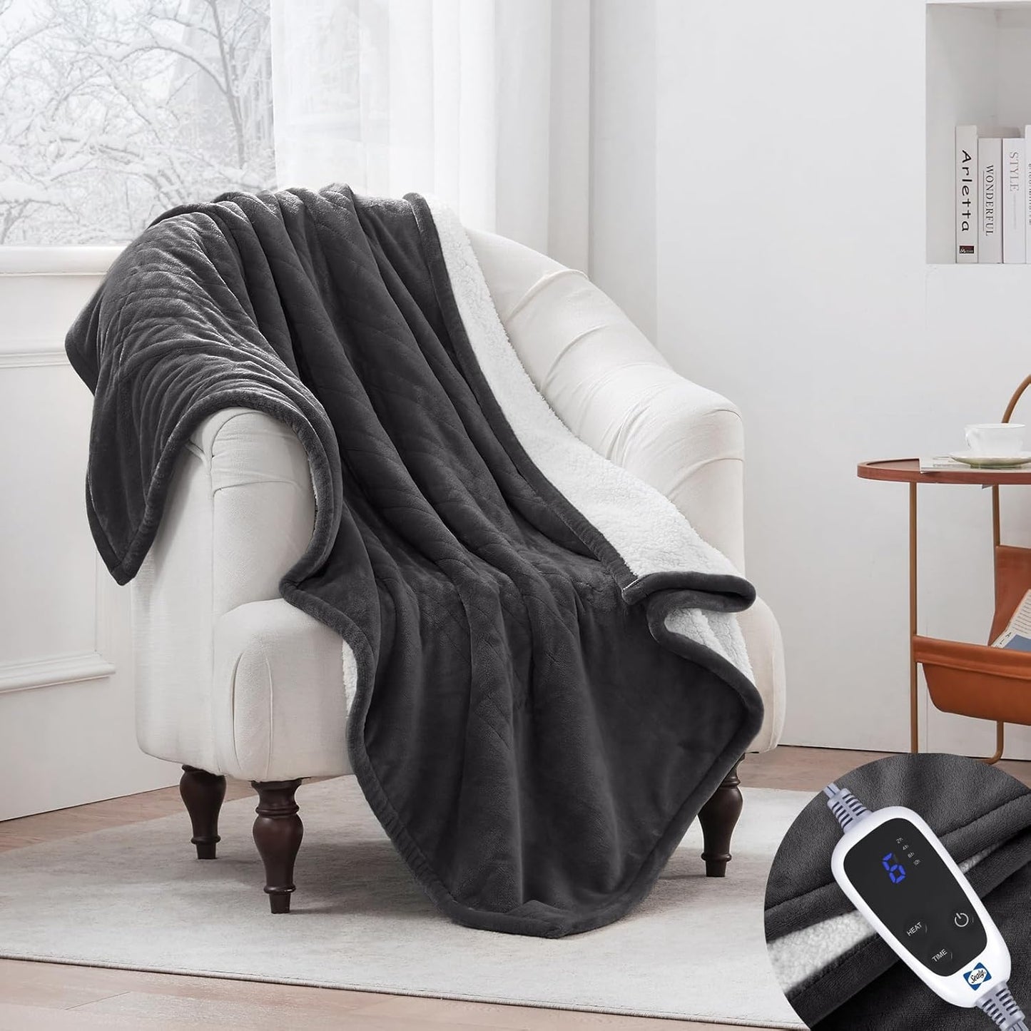 SEALY Heated Throw Blanket, Flannel & Sherpa Reversible Electric Throw with 6 Heating Levels & 2-10 Hours Auto Shut Off, Machine Washable, 50x60 Inch, Dark Grey