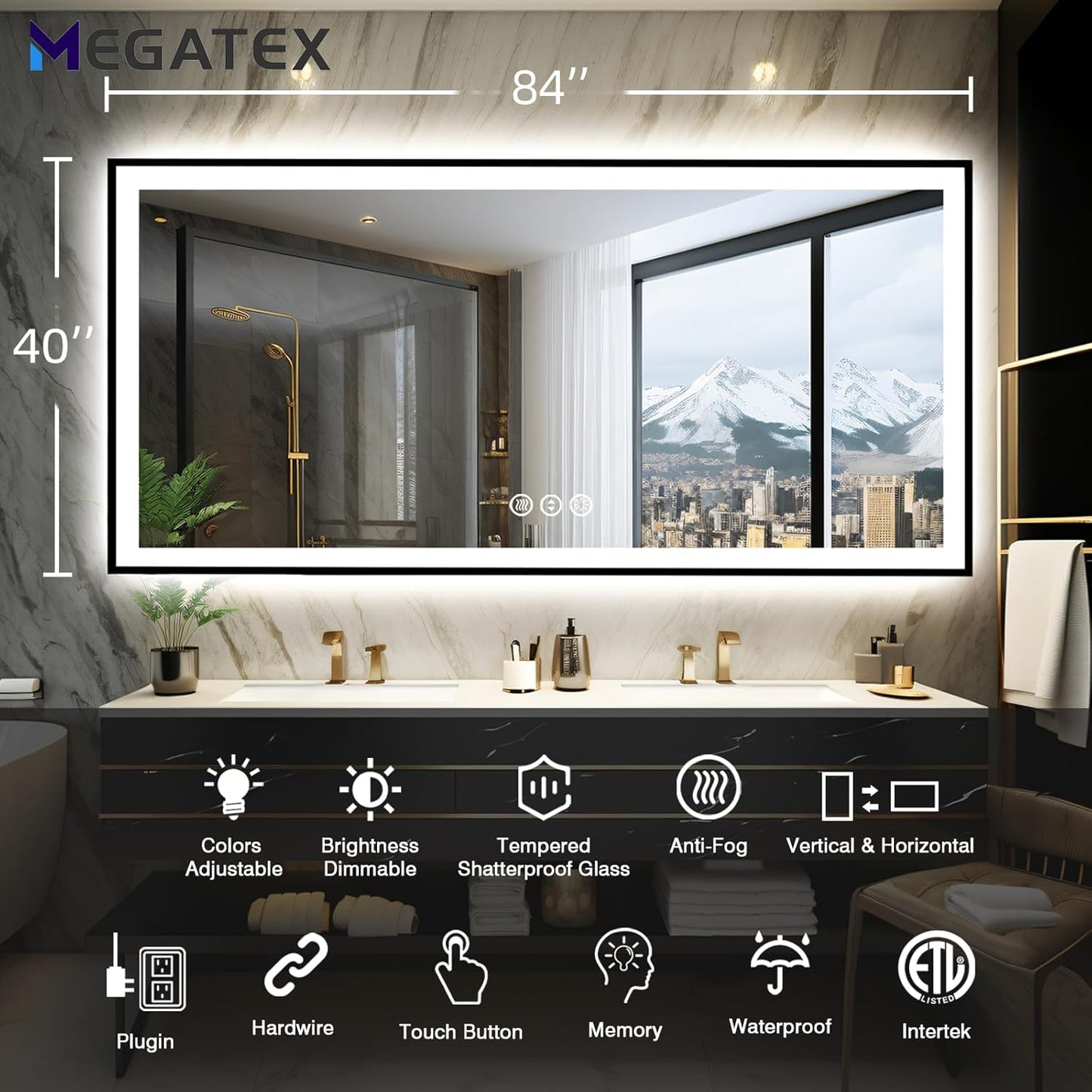 84x40 Large Light up Bathroom Mirror, Wall-Mounted LED Vanity Mirrors, Black Trim and Double Lights, 3 Colors and Stepless Dimming, Anti-Fog, Memory, Shatterproof (Horizontal/Vertical)