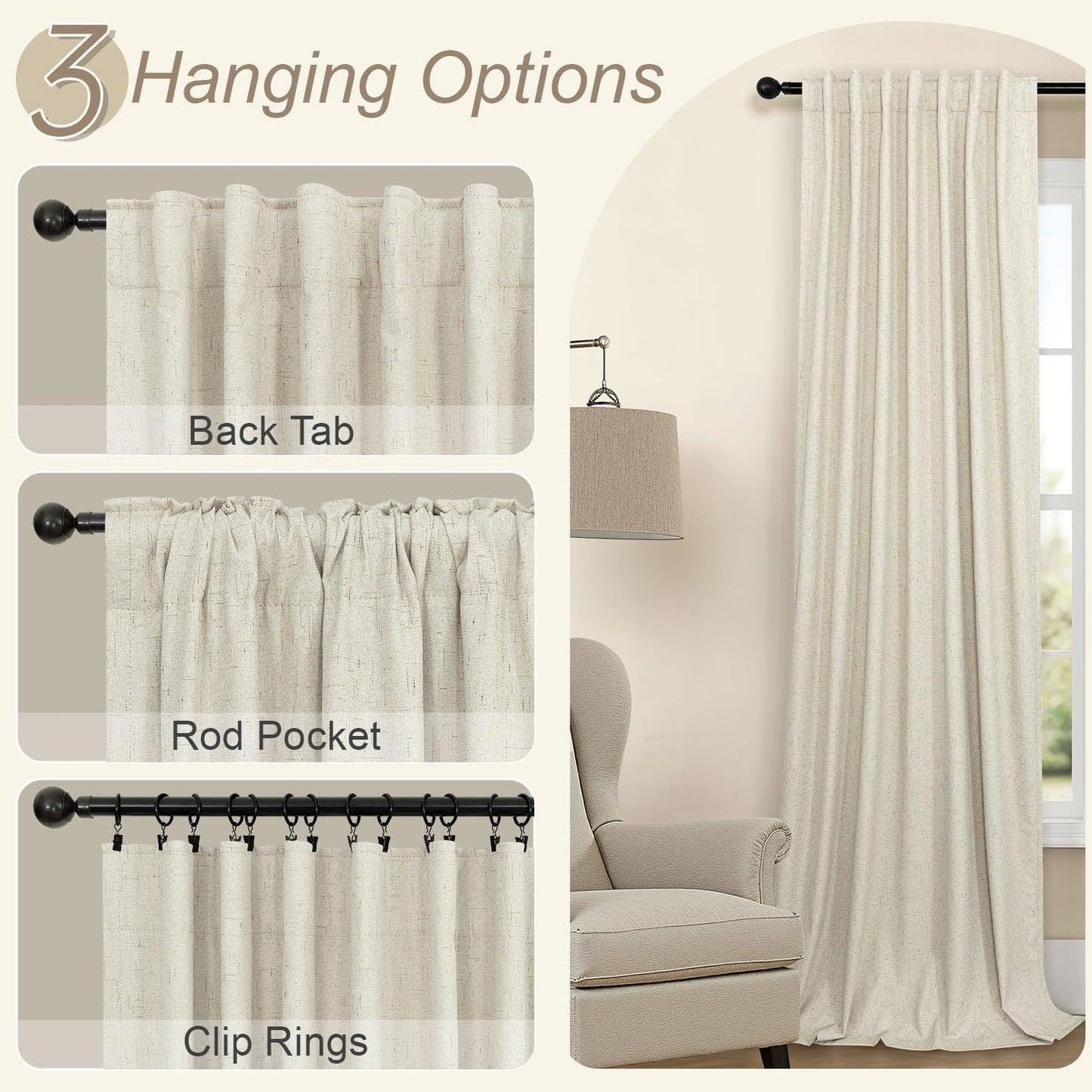 100% Blackout Neutral Curtains for Living Room 96 Inches Long 8 ft Faux Linen Rustic Country Drop Cloth Drape Dark Out Curtain for Bedroom Thermal Insulated 52x96 Floor to Ceiling Length 2 Panel Beige
