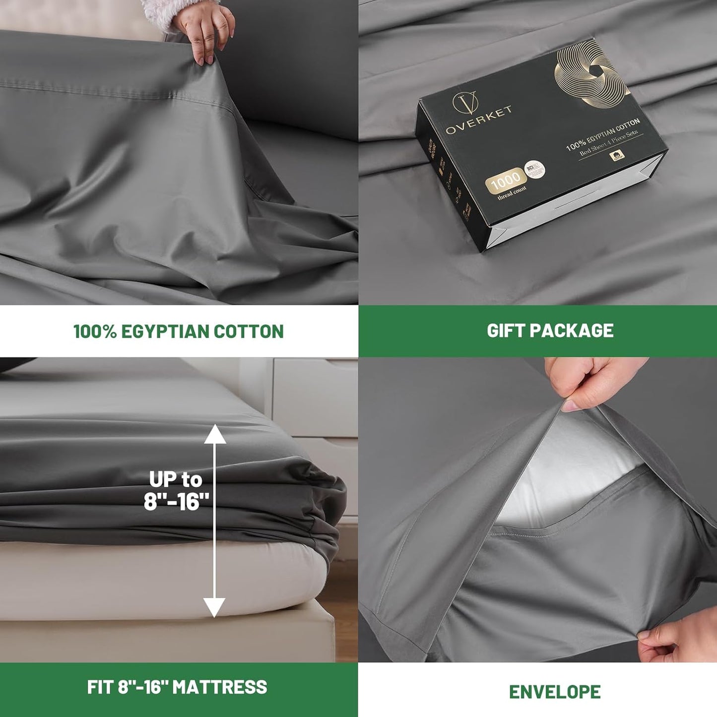 100% Egyptian Cotton Sheets King Size 1000 Thread Count Sateen Weave Soft Breathable 16-Inch Deep Pocket 4PCS（King,Dark Grey）