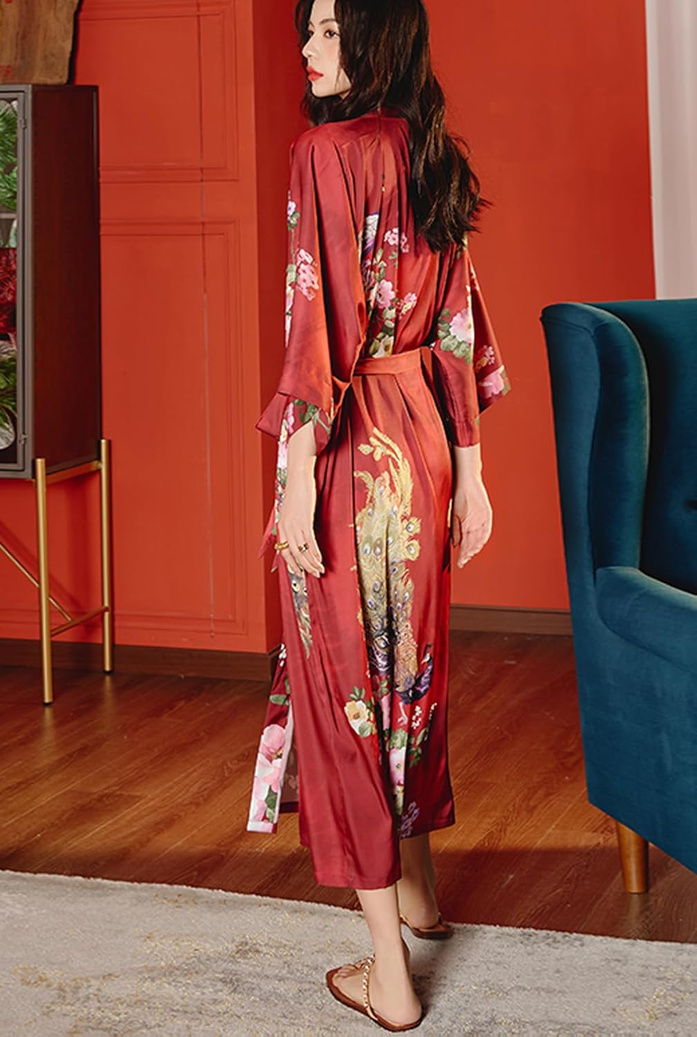 Silk Satin Robe for Women Long Japanese Kimono Robe Lightweight Soft Bathrobe Floral Luxury Dressing Gown