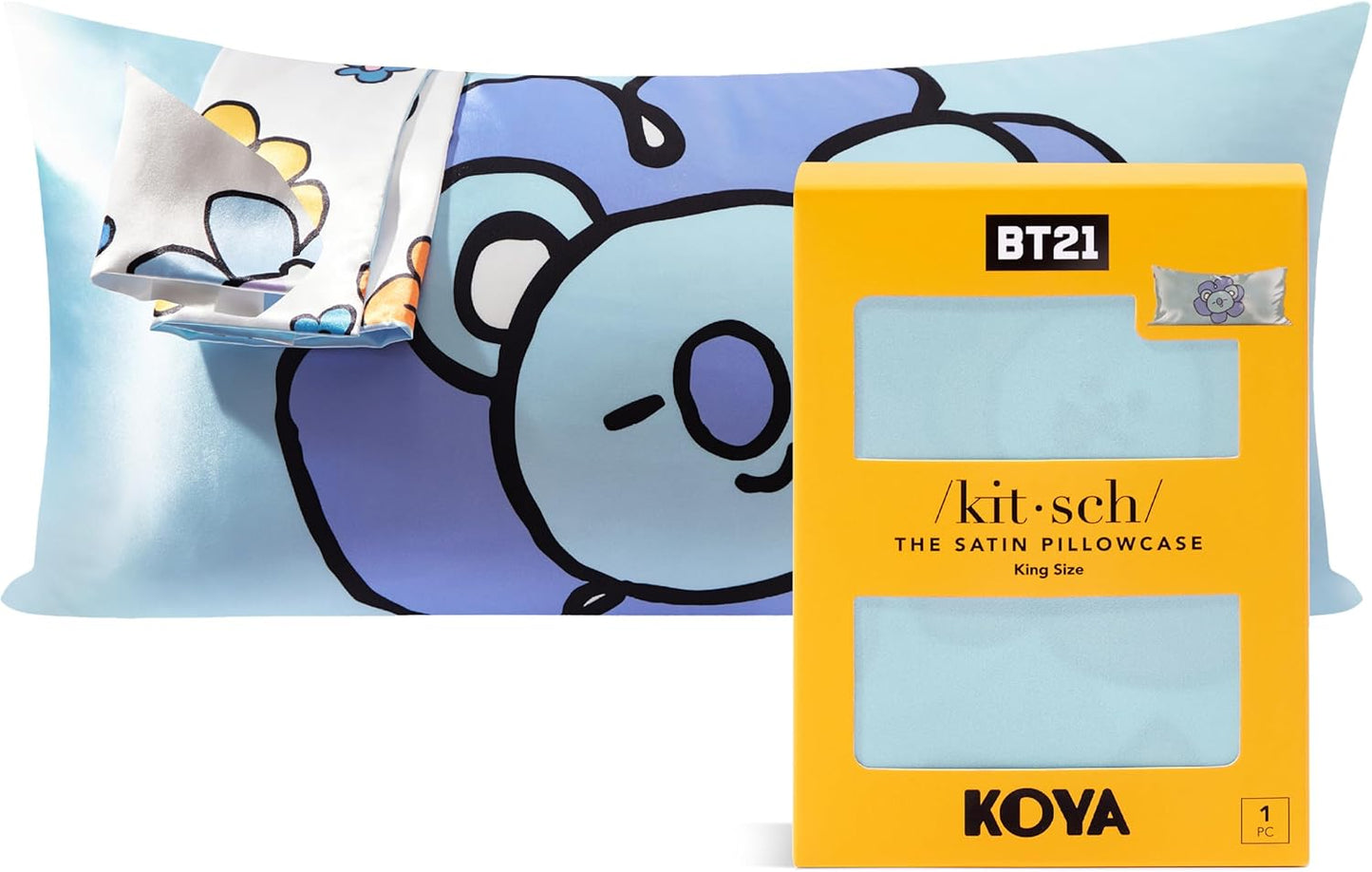 Kitsch x BT21 (Koya) Satin Pillowcase with Zipper for Hair & Skin - Softer Than Silk Pillow Cases, Smooth Cooling Pillow Cover, Wrinkle-Free, Machine Washable, King Size (19x36)
