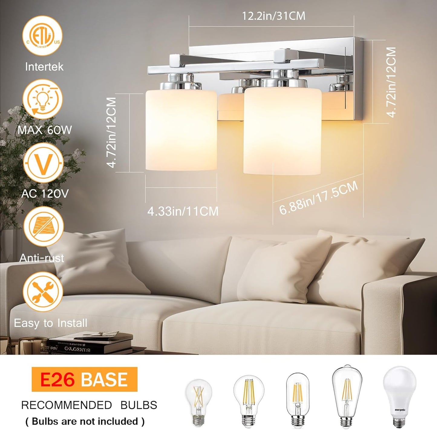 2 Light Modern Bathroom Light Fixtures Over Mirror, Chrome Vanity Lights for Bathroom Wall Sconces with Milky White Glass Shades, E26 Socket (Bulbs Not Included)