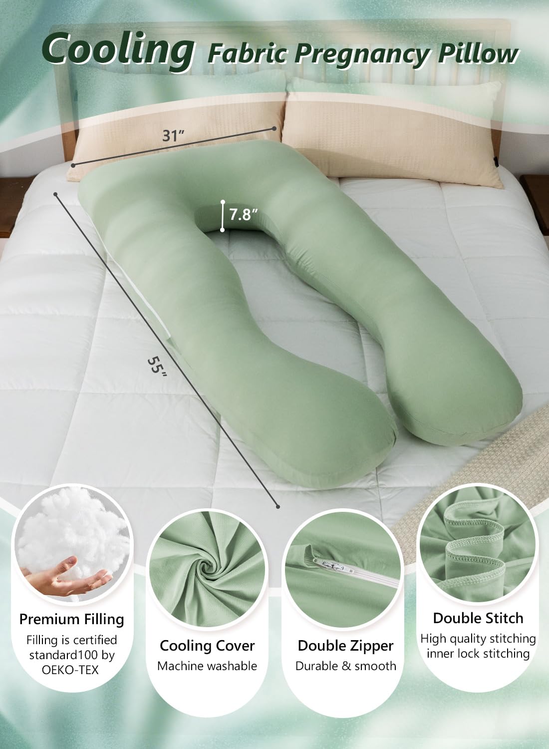 Meiz Pregnancy Pillow, U Shaped Pregnancy Pillows for Sleeping Cooling, 55 Inch Maternity Pillow for Pregnant Women, Body Pillows for Adults, Rayon Cover from Bamboo, Sage Green
