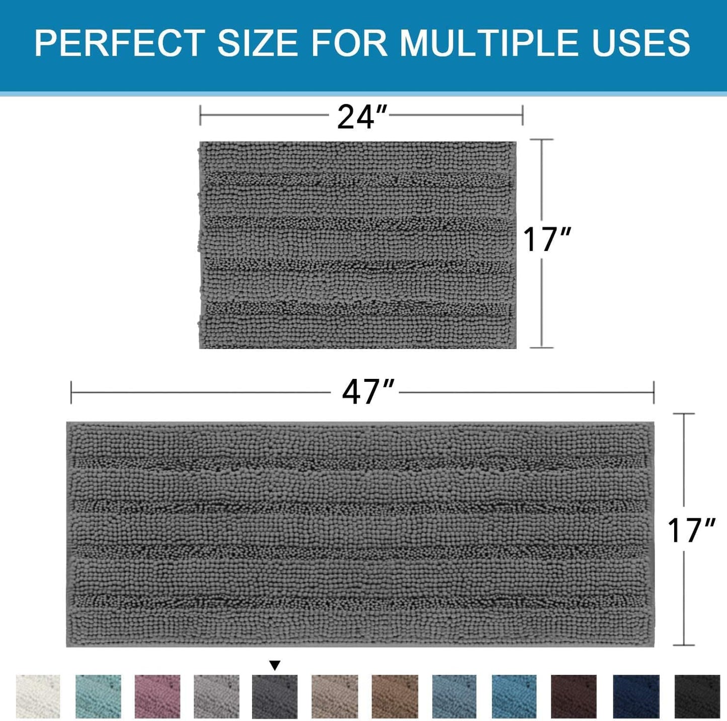 H.VERSAILTEX 2 Piece Bathroom Set - Super Absorbent Chenille Striped Bath Mats - Non Skid, Machine Washable - Grey, 47 x 17 Plus 17 x 24 - Inches