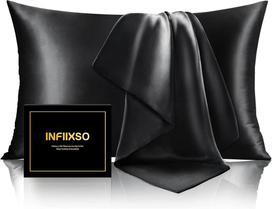 INFIIXSO Mulberry Silk Pillowcase for Hair and Skin, Silk Pillow Cases Queen Size Set of 2 with Hidden Zipper 20x30 Inches, Ultra Smooth and Soft Cooling Pillow Cases for Hot Sleepers(Black, 2 Pack)