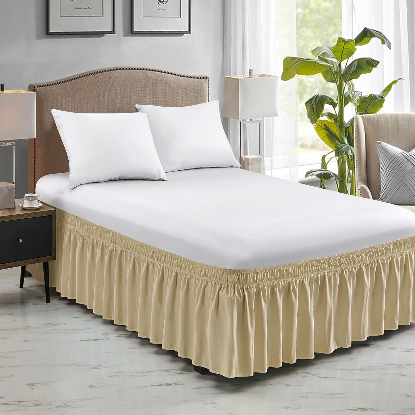 FreshCulture Full Bed Skirt, Elastic Wrap Around Bed Skirt Full Bed, Easy Fit with 22-Inch Tailored Drop, Hotel Quality Dust Ruffle for Full Size Bed, Bed Skirt Full Size (Beige)
