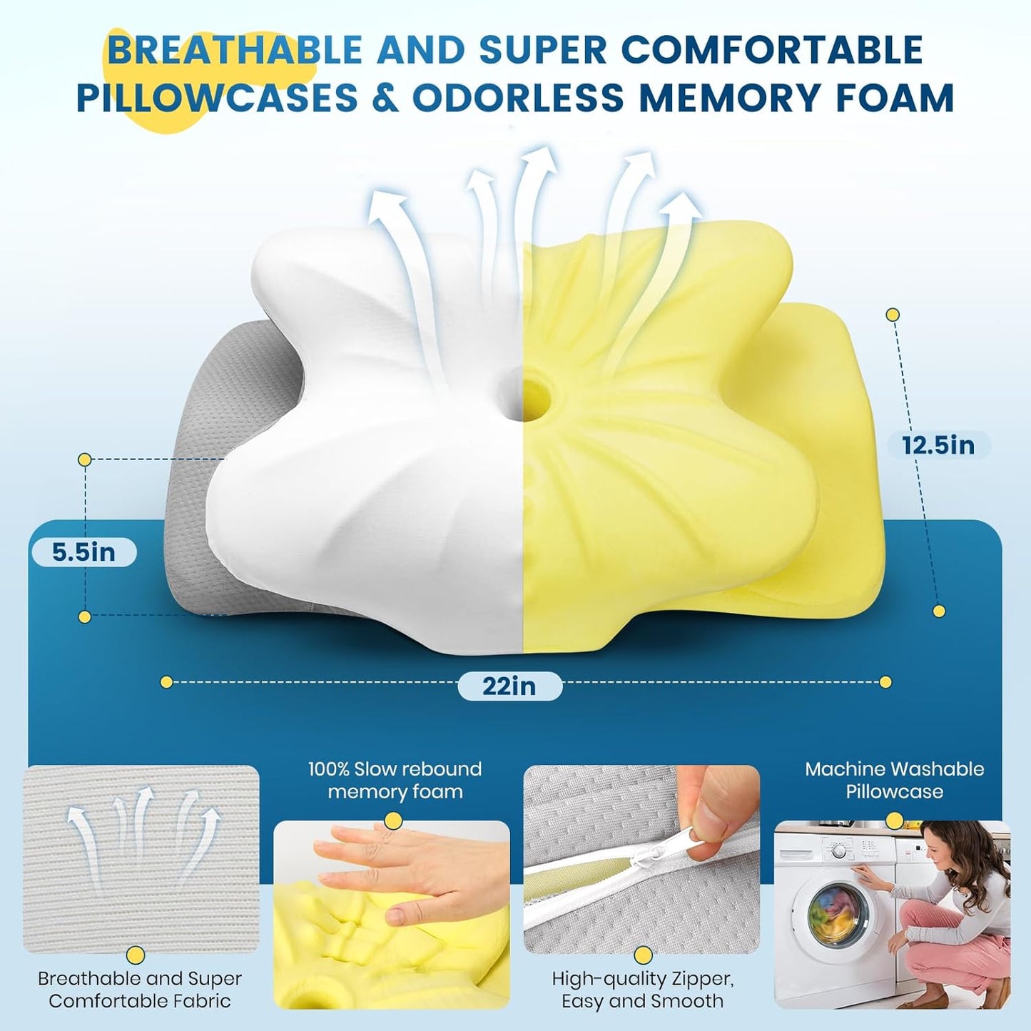 ASTARRY Cervical Pillow for Neck and Shoulder,Contour Memory Foam Pillow,Ergonomic Neck Support Pillow for Back,Side Stomach Sleepers with Pillowcase